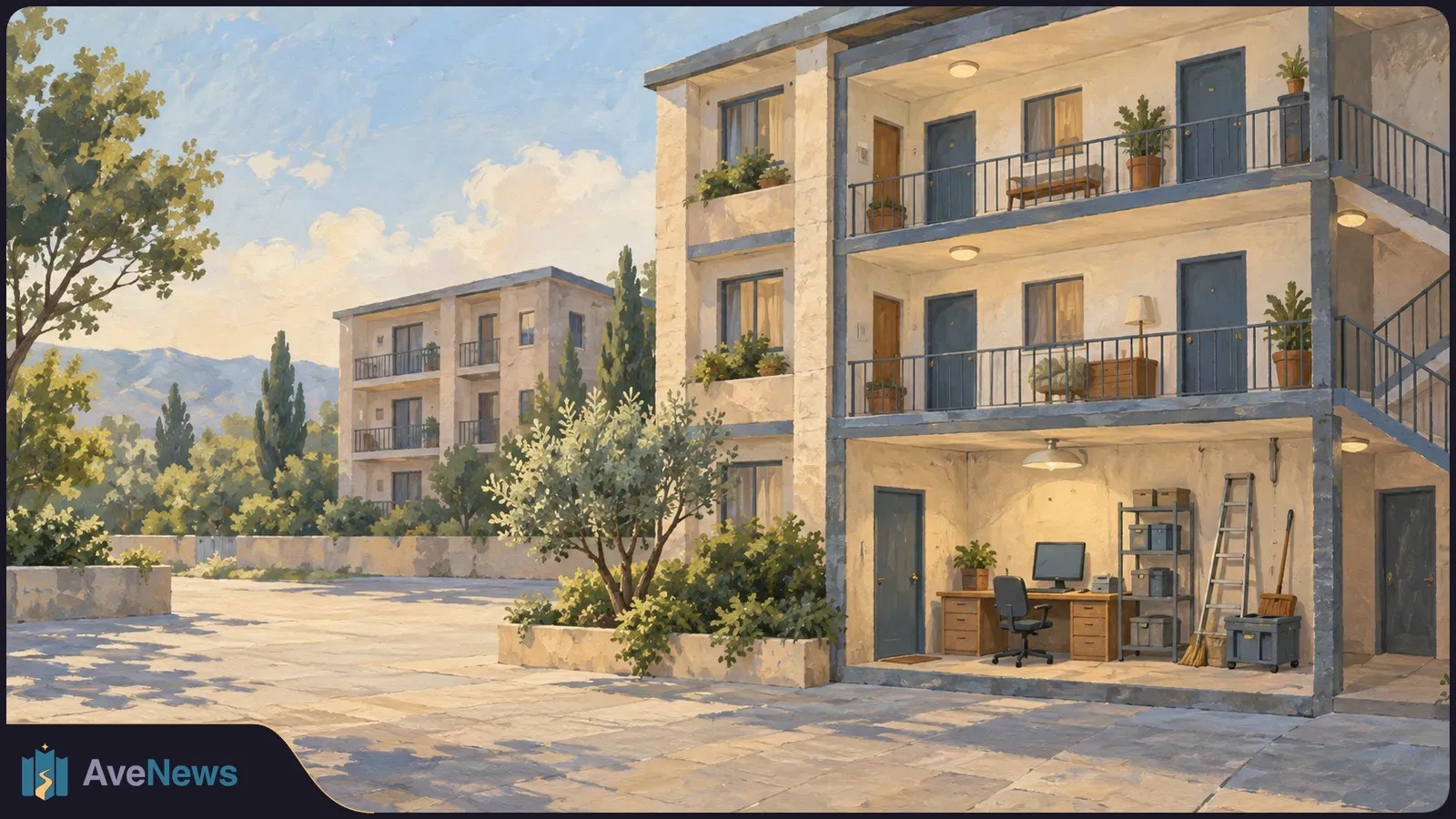 Painted view of apartment buildings around a paved courtyard, with balconies, plants and a small ground-floor desk and storage area. SI illustration