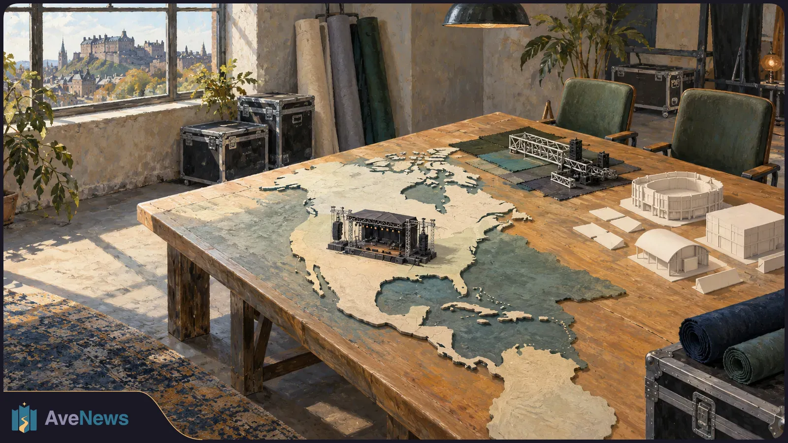 In a sunlit studio overlooking a castle-topped city, a tabletop map of North America holds a miniature concert stage, rigging and venue models. SI illustration