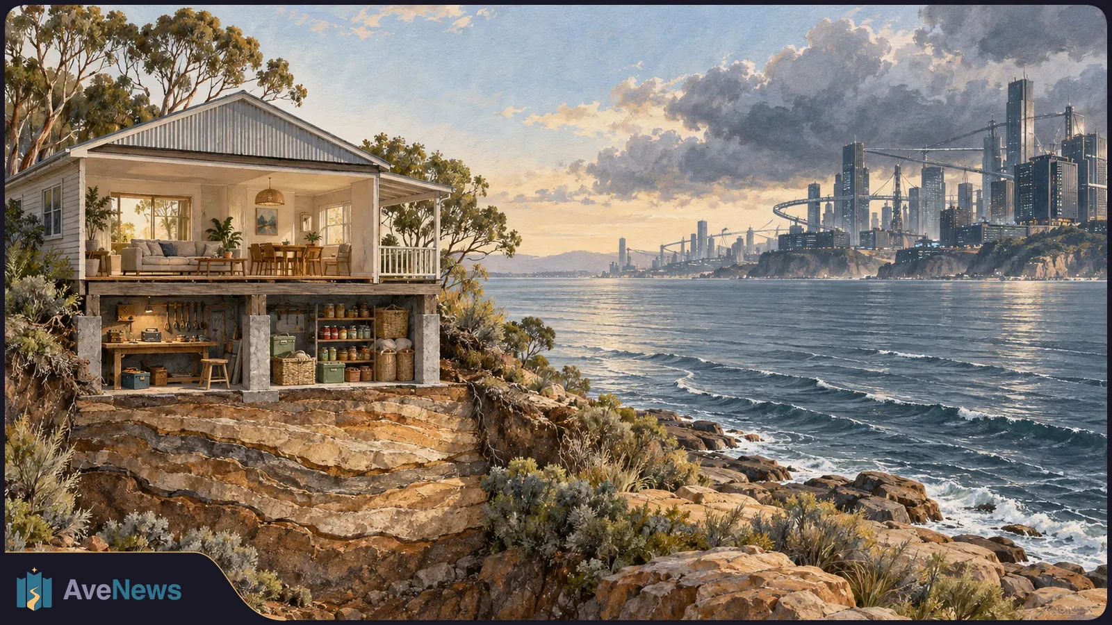 An open-front house with storage below sits on a rocky shore, facing choppy water and a distant high-rise city under dark clouds. SI illustration