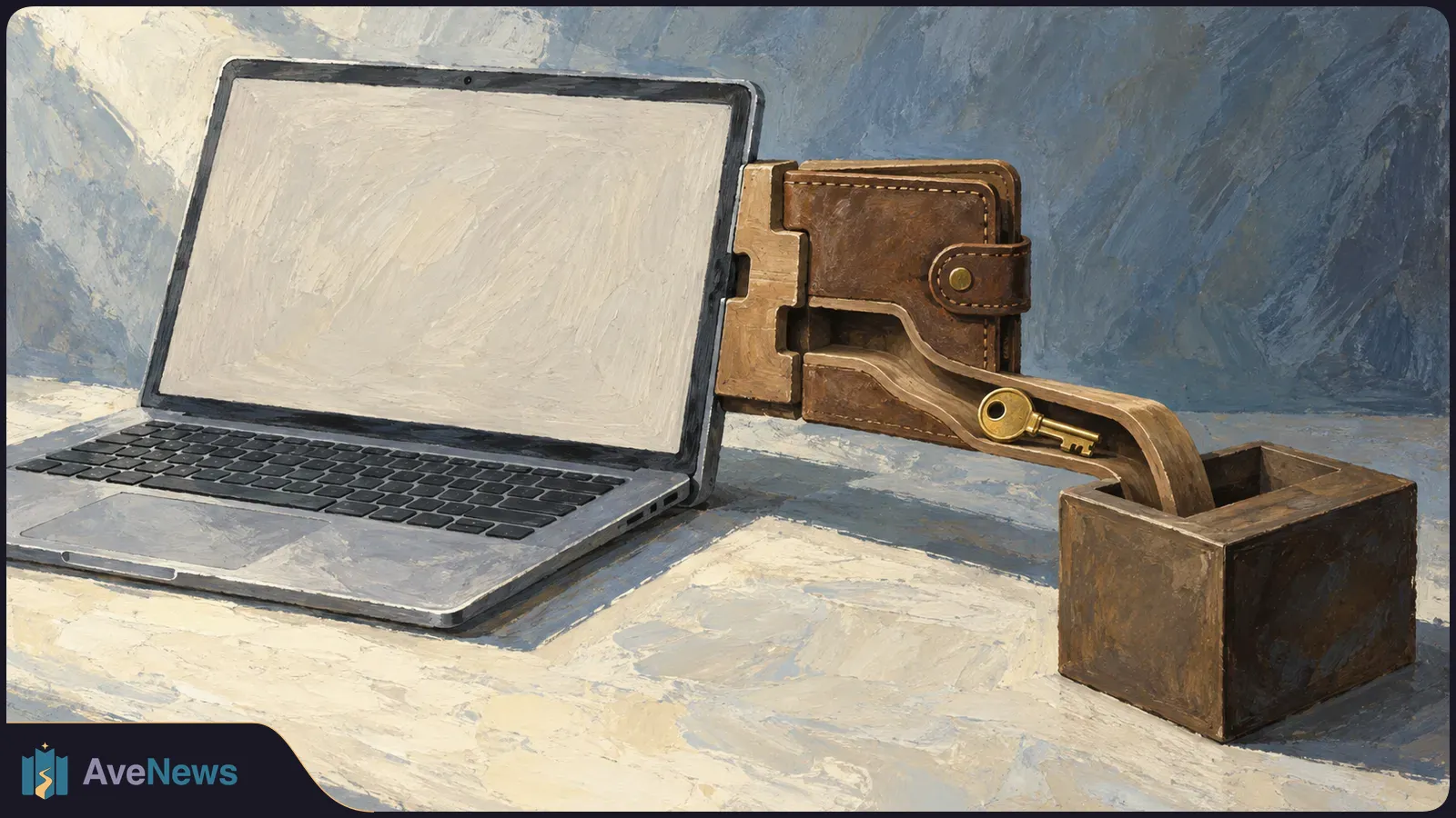 A painted laptop with a blank screen sits beside a brown wallet. A gold key rests in a wooden channel leading from the wallet toward an open box. SI illustration