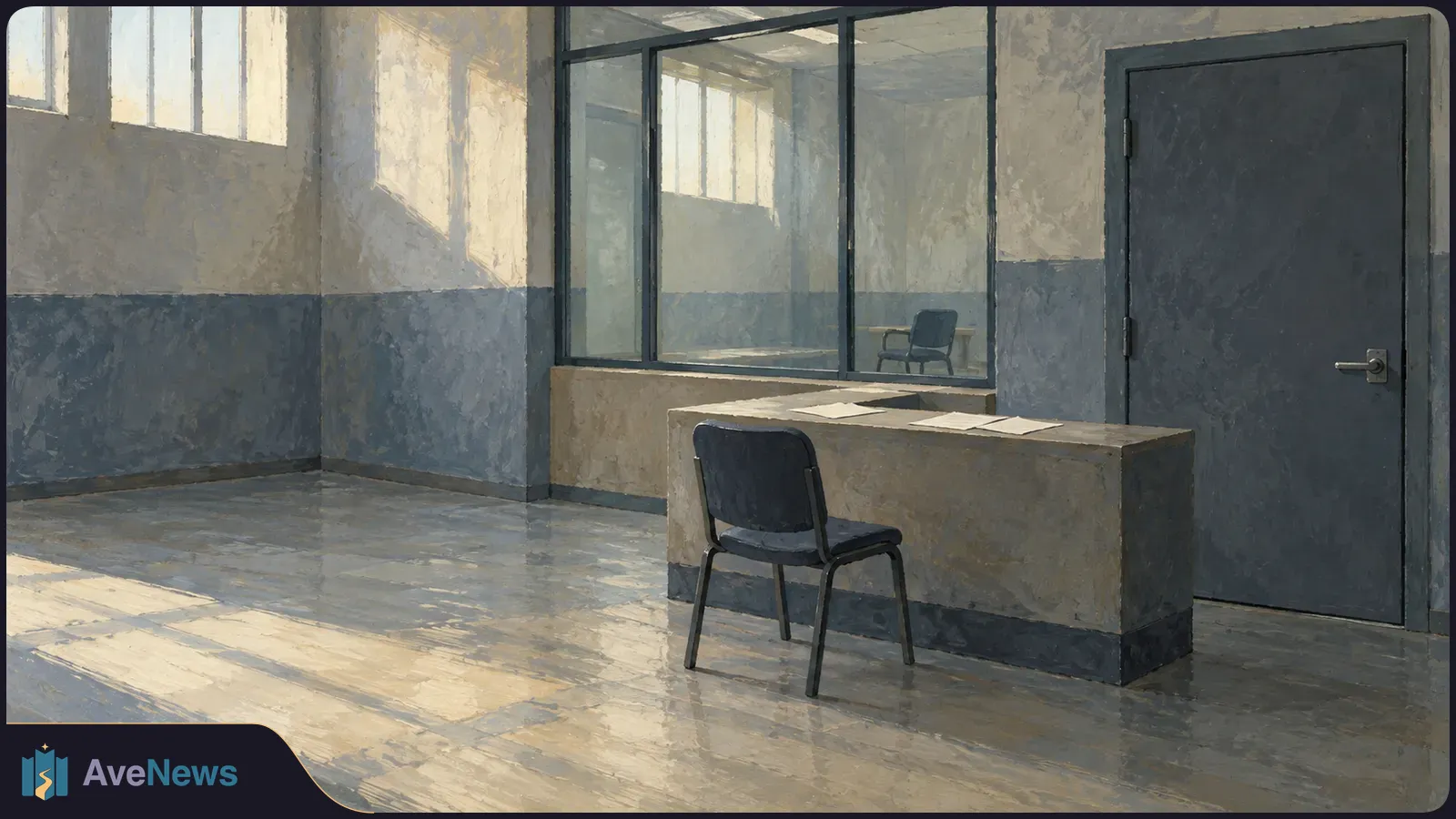 An empty, painted room with two chairs on opposite sides of a glass partition, a desk with blank papers, tall windows and a closed dark door. SI illustration