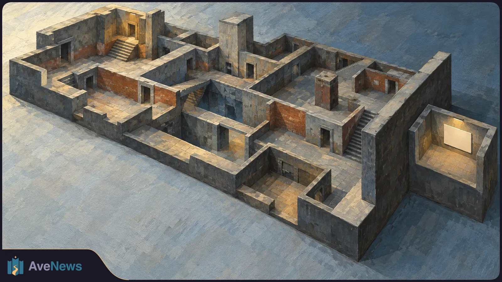 Painted isometric view of a maze-like stone building layout with empty rooms, doorways and staircases. SI illustration