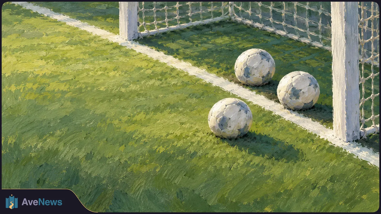 Painted soccer goal on a grassy field, with two balls inside the goal and one outside the goal line. SI illustration