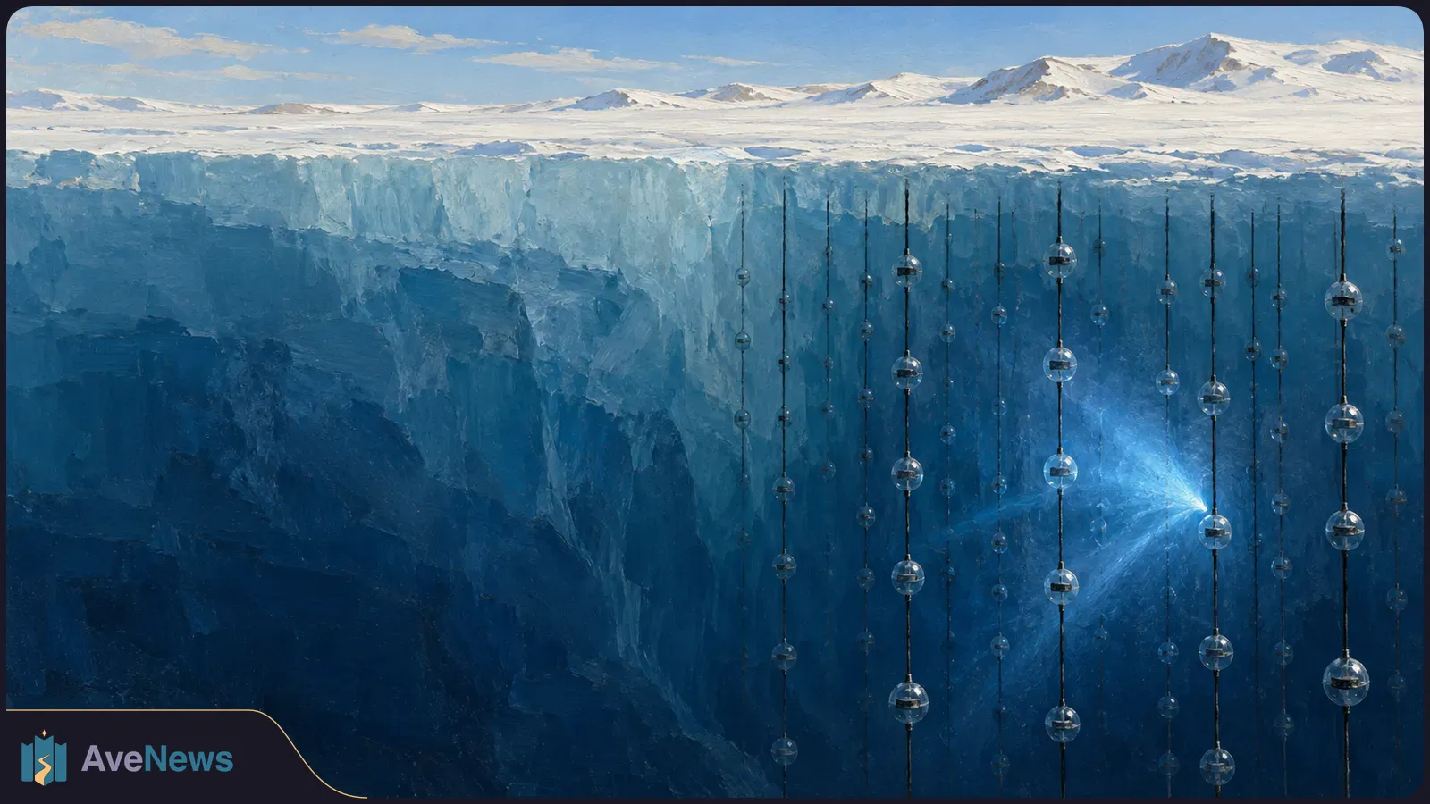 A cutaway of an icy landscape shows vertical strings of spherical sensors below the surface, a blue flash among them, and snowy mountains beyond. SI illustration