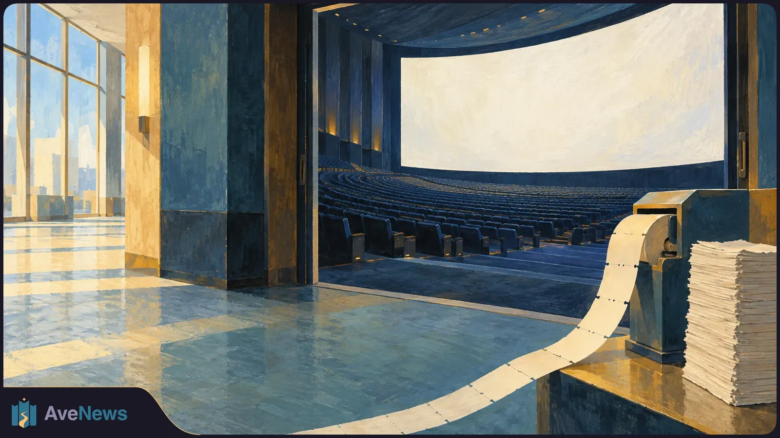 A painted cinema lobby opens onto an empty auditorium with a blank screen. A long paper strip unwinds from a dispenser beside a stack of sheets. SI illustration