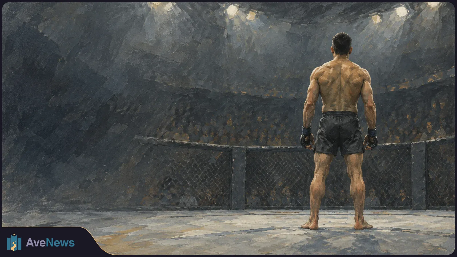 Painterly illustration of a shirtless fighter seen from behind, standing in a fenced arena under bright overhead lights. SI illustration
