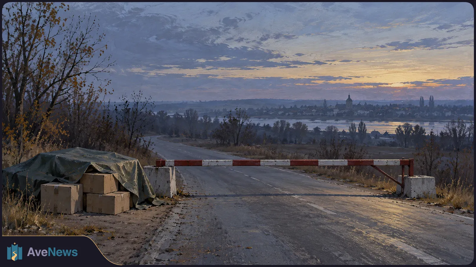 A red-and-white barrier blocks an empty road beside boxes under a tarp. Across the water, a town sits beneath a cloudy sunset sky. SI illustration
