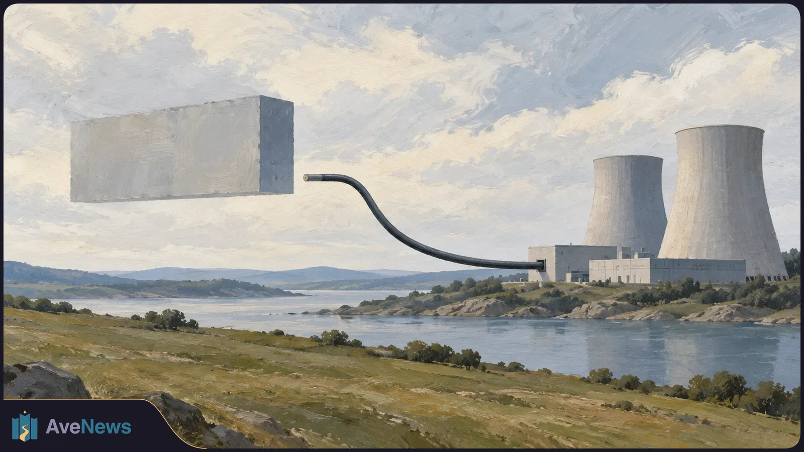 Painted landscape of a power plant with two cooling towers beside a lake. A thick cable extends from the plant toward a floating blank block, stopping just short of it. SI illustration