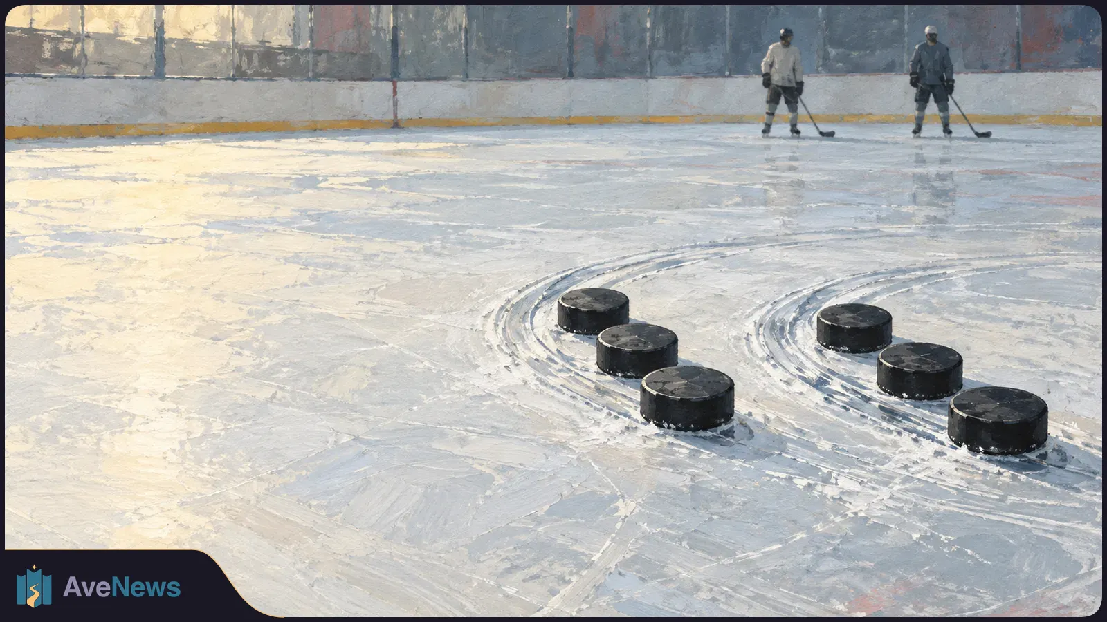 Painterly ice rink with five black hockey pucks in the foreground and two skaters holding sticks near the boards. SI illustration