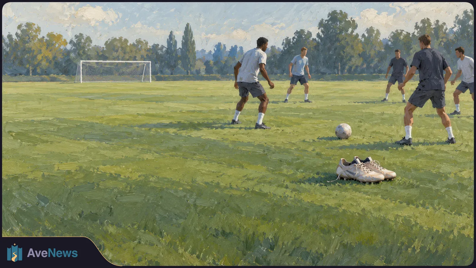 Painted soccer field with five players near a ball, a goal in the distance and a pair of cleats on the grass in the foreground. SI illustration