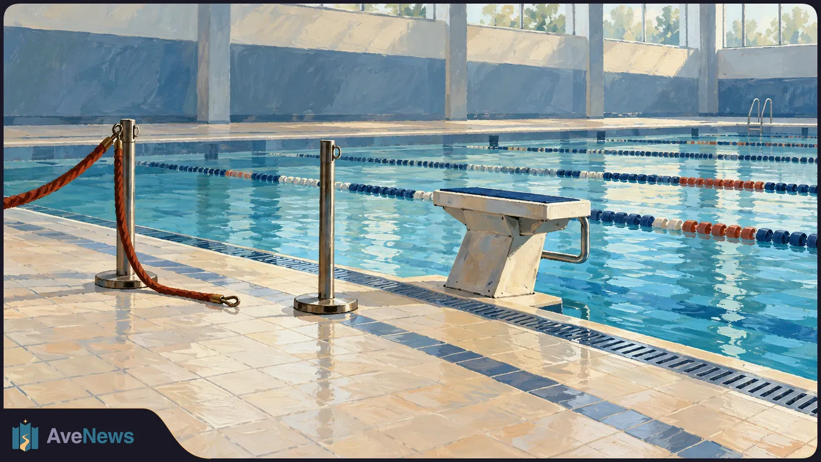 Painted indoor swimming pool with lane dividers, a starting block and a loose red rope beside the tiled deck. No people are visible. SI illustration