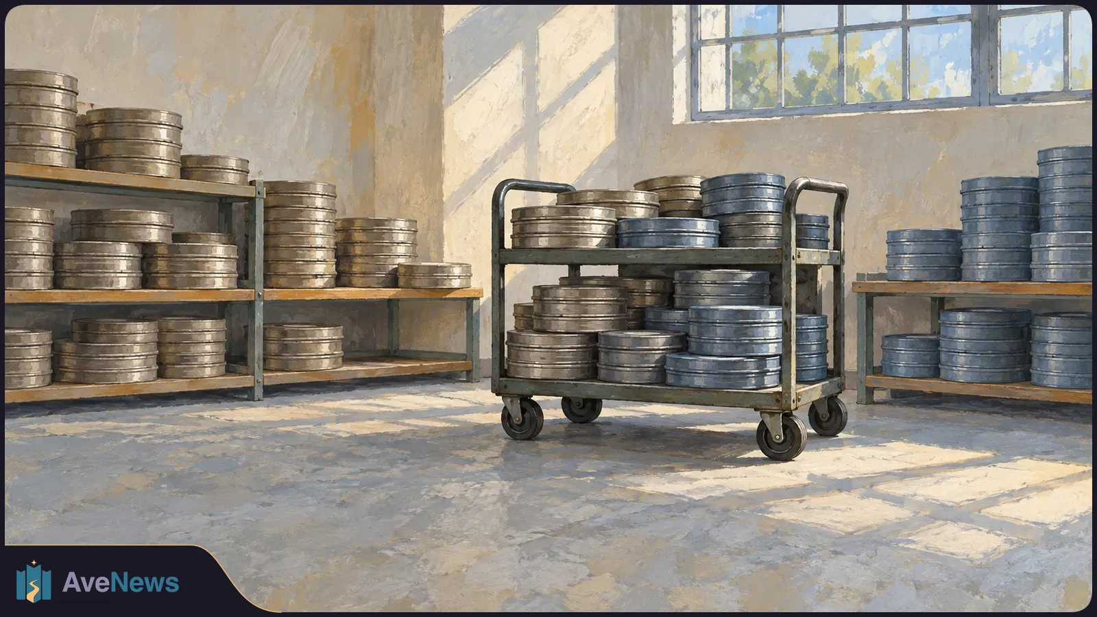 A painted storeroom with stacks of metal film canisters on shelves and a wheeled cart, lit by sunlight through a large window. SI illustration