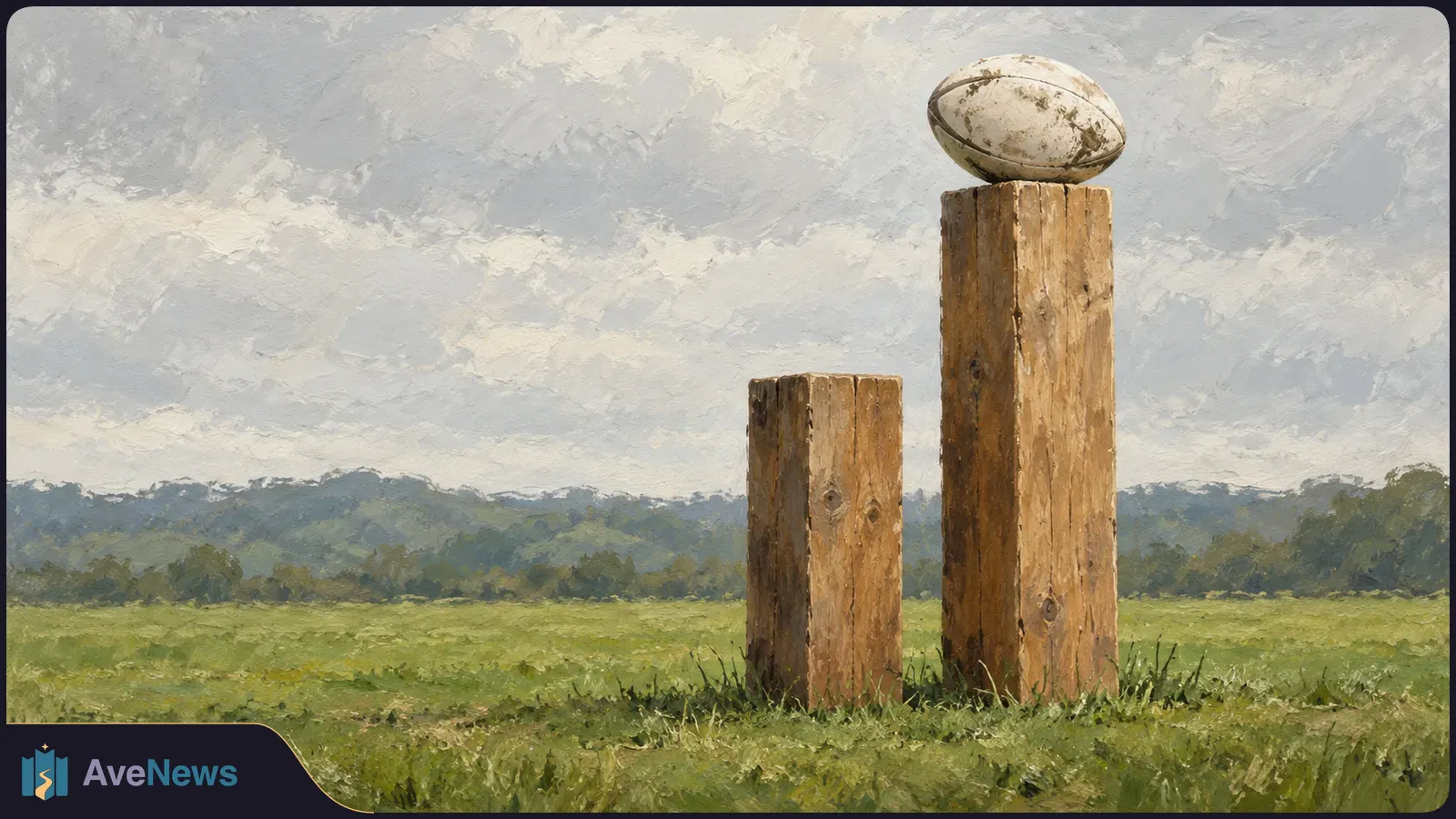 A painted rugby ball rests atop a tall wooden post beside a shorter post in a grassy field, with trees and a cloudy sky behind them. SI illustration