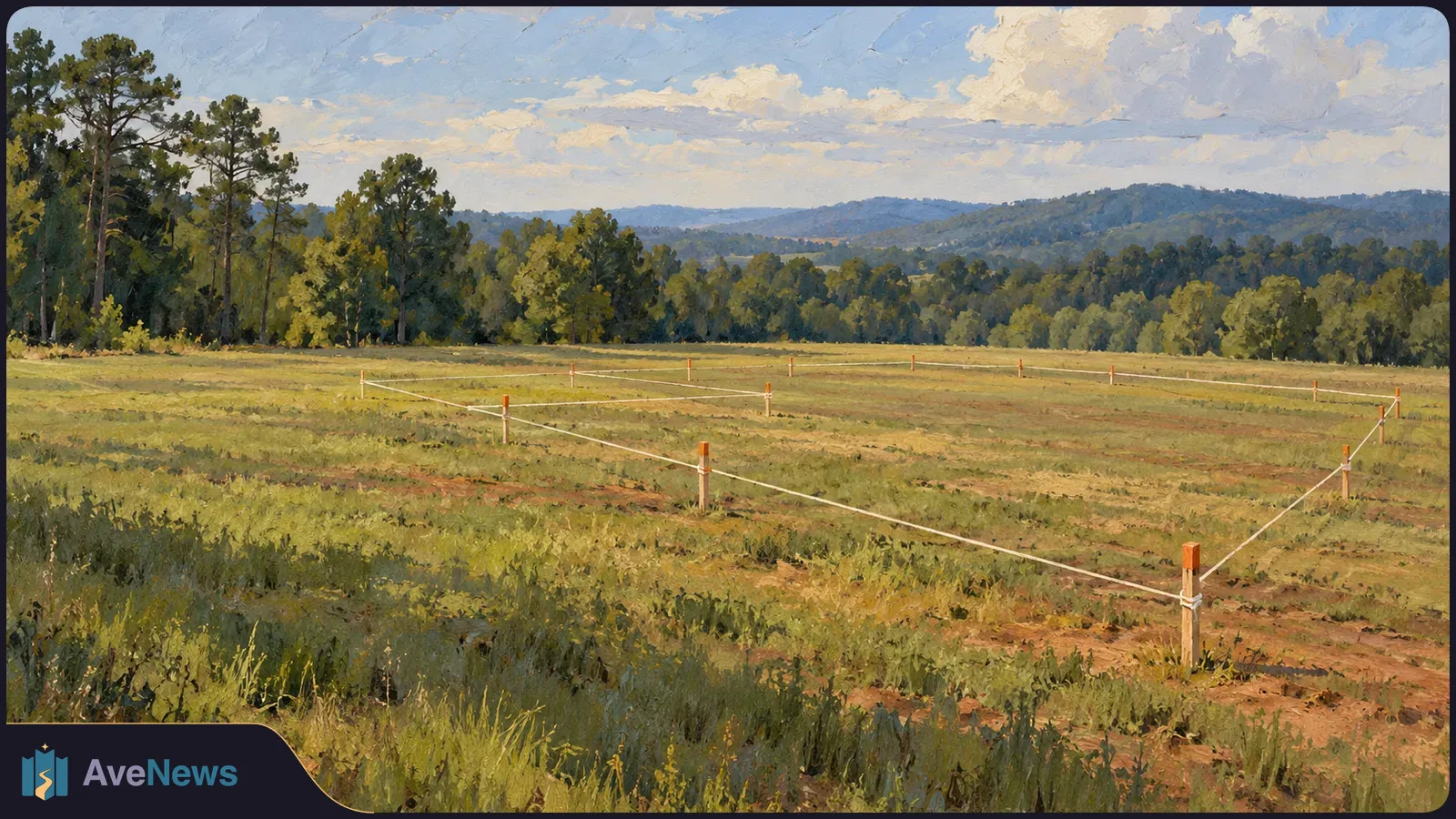 Painterly landscape of a grassy field marked by wooden stakes and white cords, with trees, distant hills and a cloud-filled sky. SI illustration