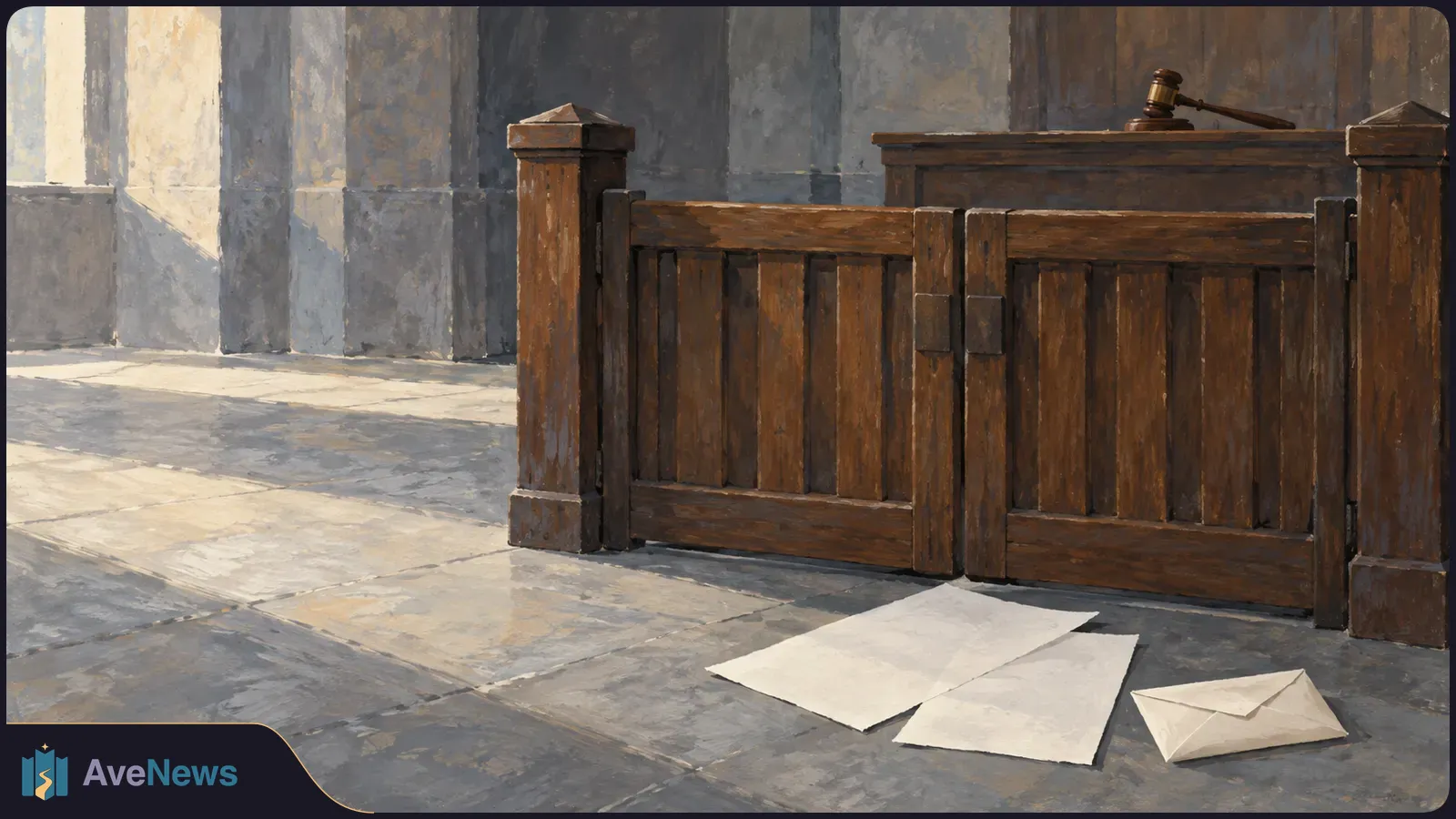 Illustration of an empty courtroom with a wooden barrier, a gavel on a raised desk, and blank papers and an envelope on the stone floor. SI illustration