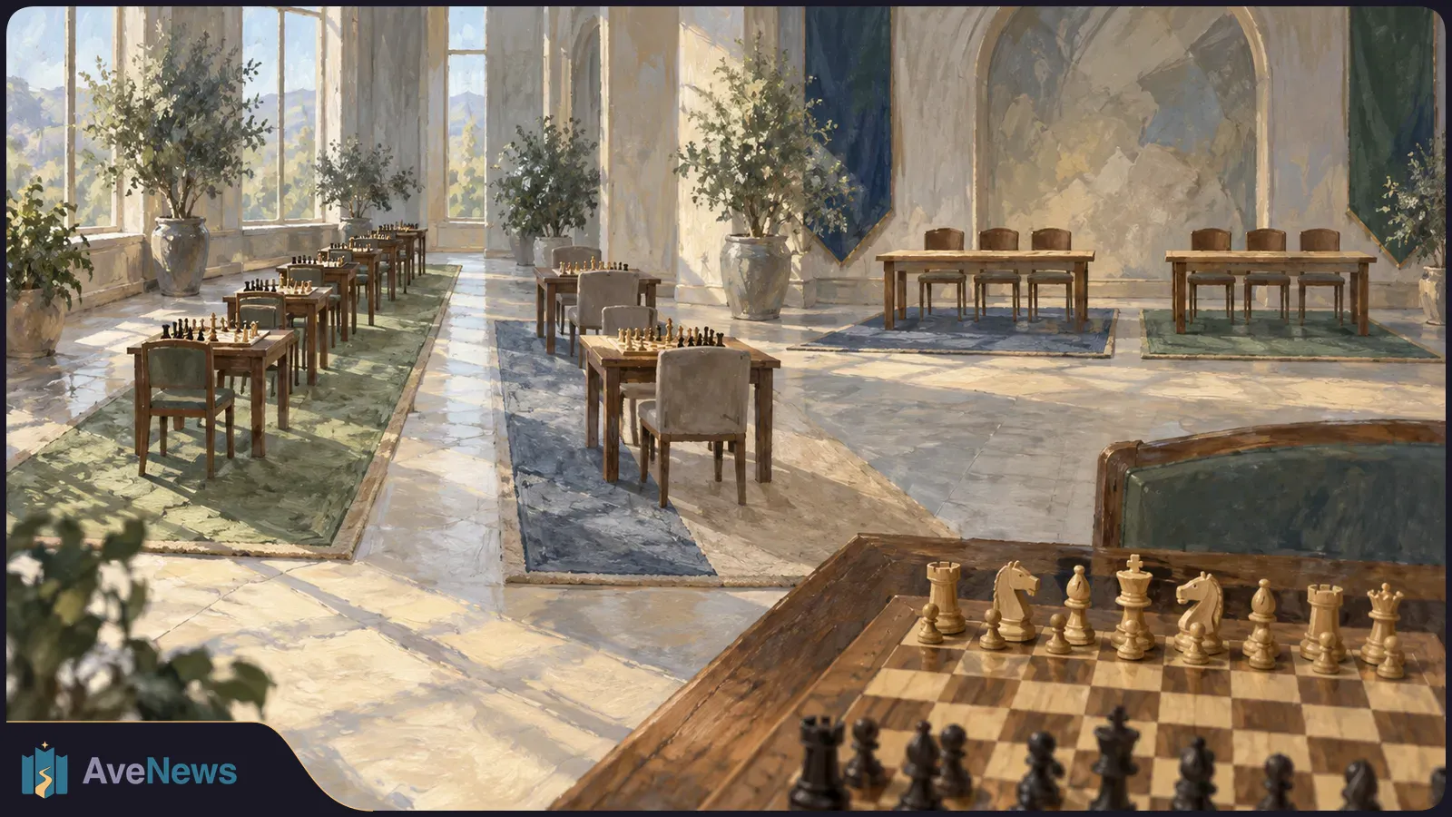 A painted, sunlit hall with several chess tables. In the foreground, light and dark pieces face each other on a board, with the light pieces in an unusual back-rank order. SI illustration