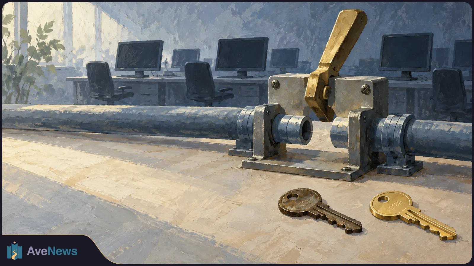 Illustration of two disconnected pipes beneath a raised lever, with two keys on a table and dark computer monitors in the background. SI illustration