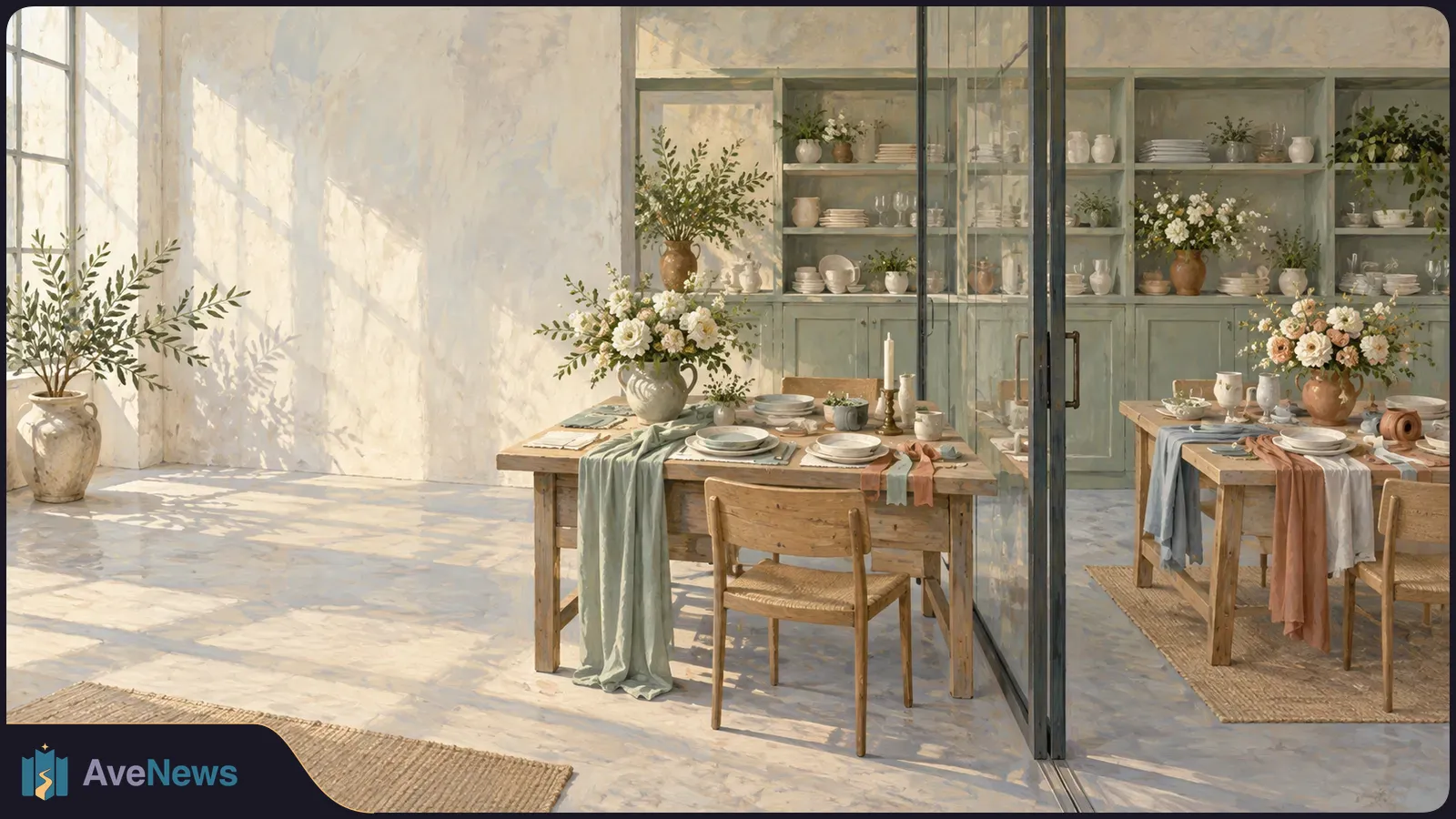 Sunlit room with two wooden tables set with plates, draped linens and flower arrangements, separated by a glass partition. Shelves of dishes and plants line the back wall. SI illustration