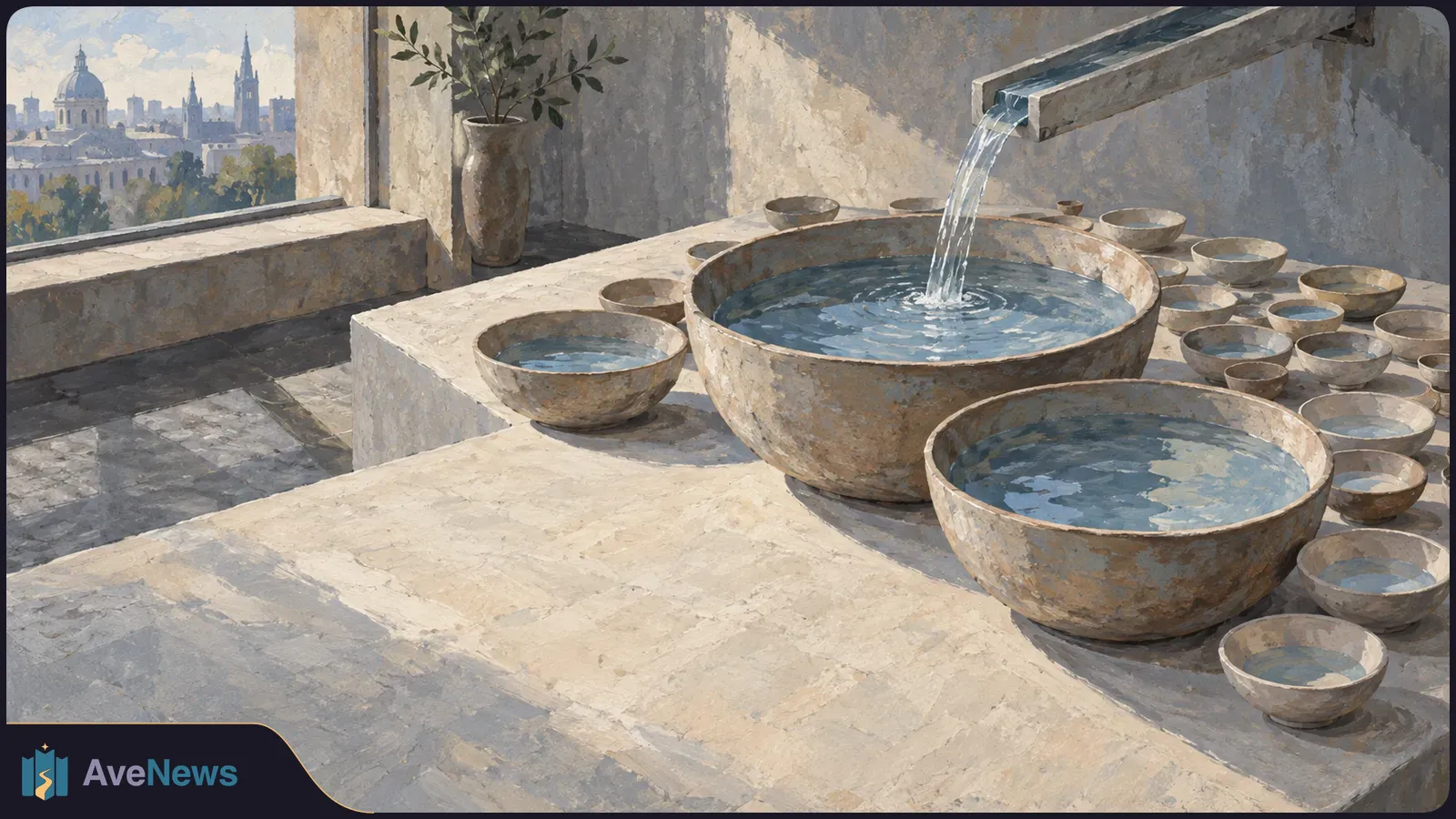 Painted scene of water pouring into a large stone basin, with many smaller bowls beside it and a city skyline beyond an open window. SI illustration