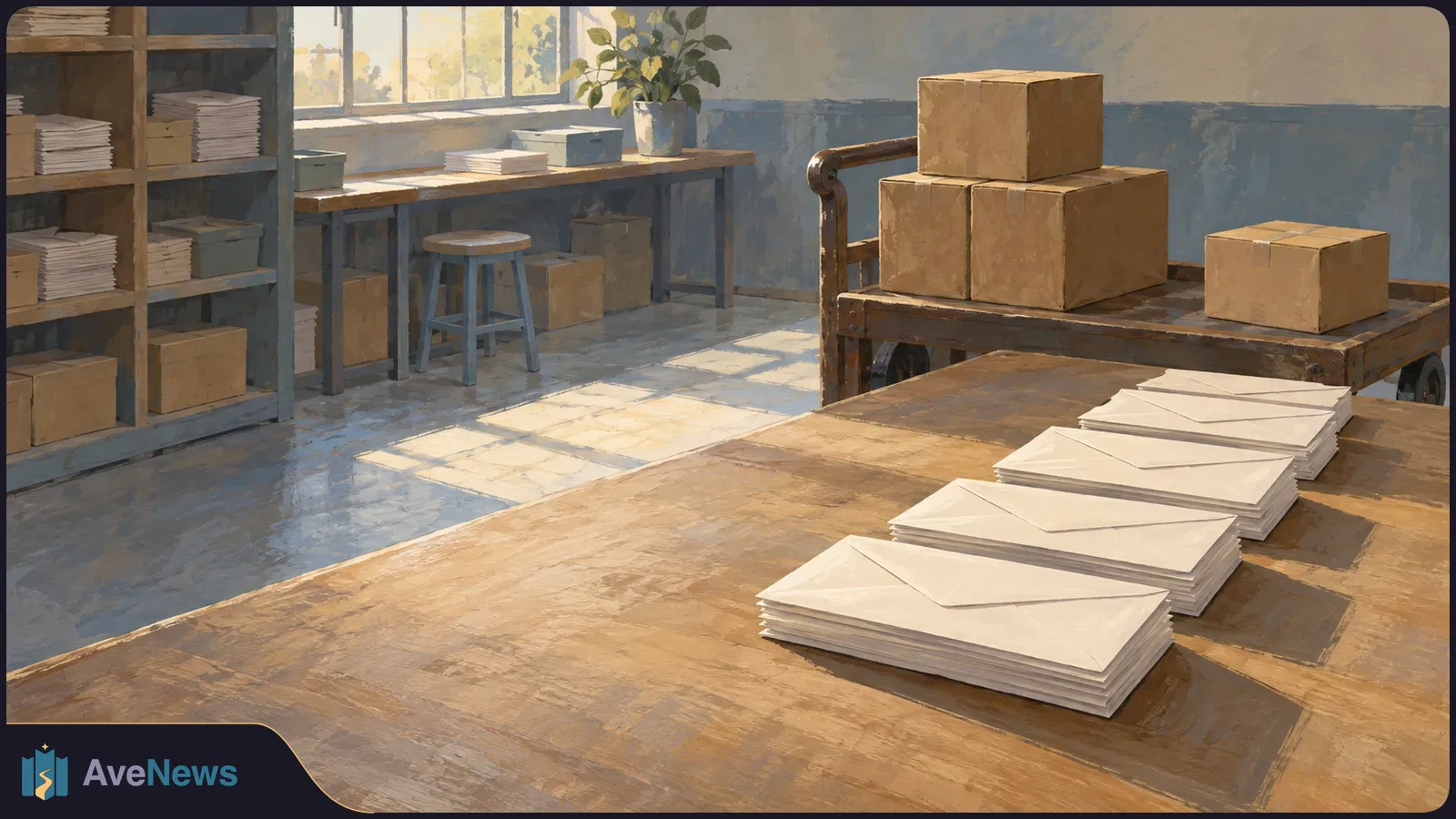 Illustration of blank white envelopes stacked on a wooden table in a sunlit room, with cardboard boxes on a cart and shelves. SI illustration