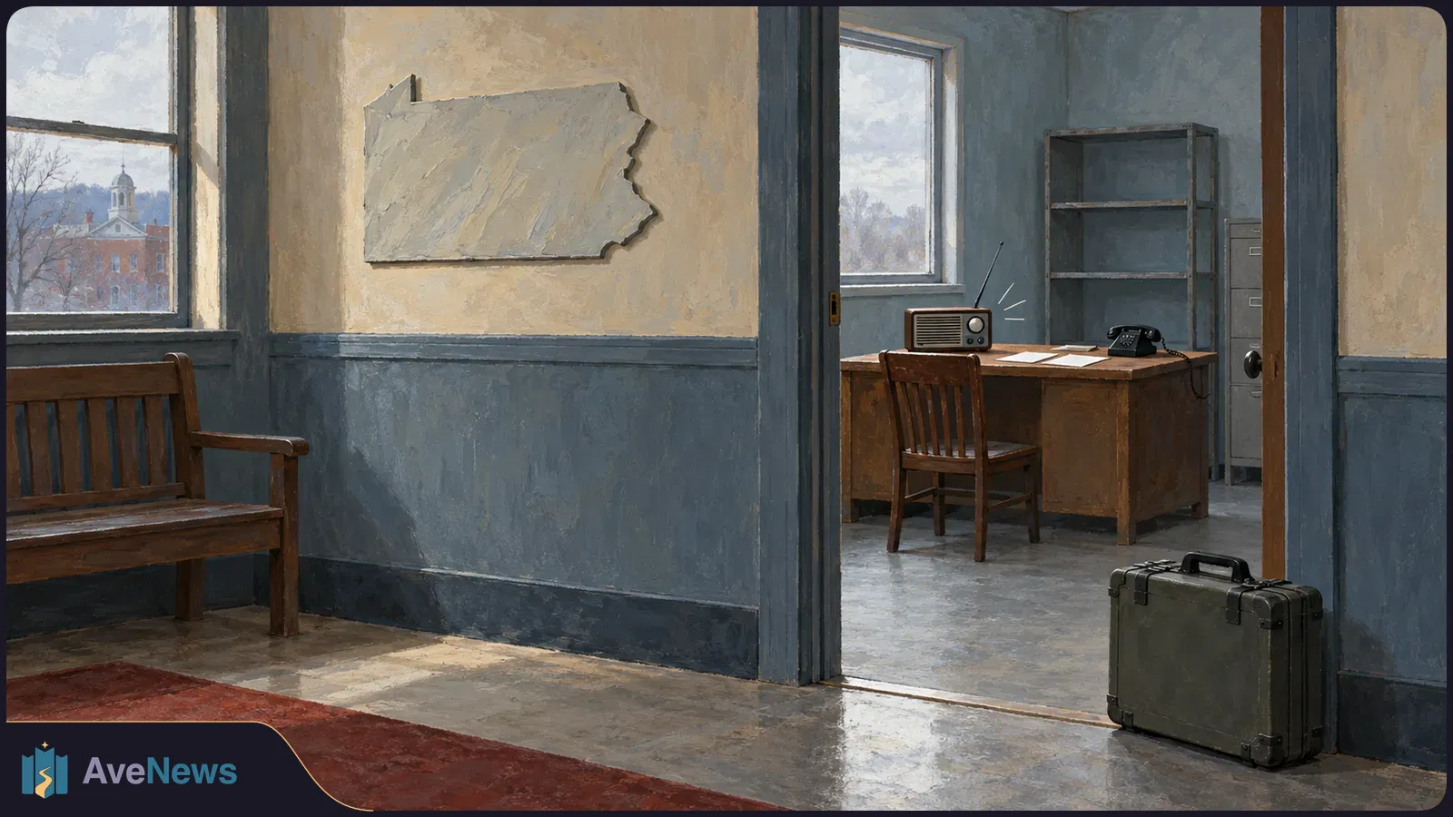 Painted empty office and waiting area with a Pennsylvania-shaped wall plaque, a radio and telephone on a desk, and a dark case by the doorway. SI illustration