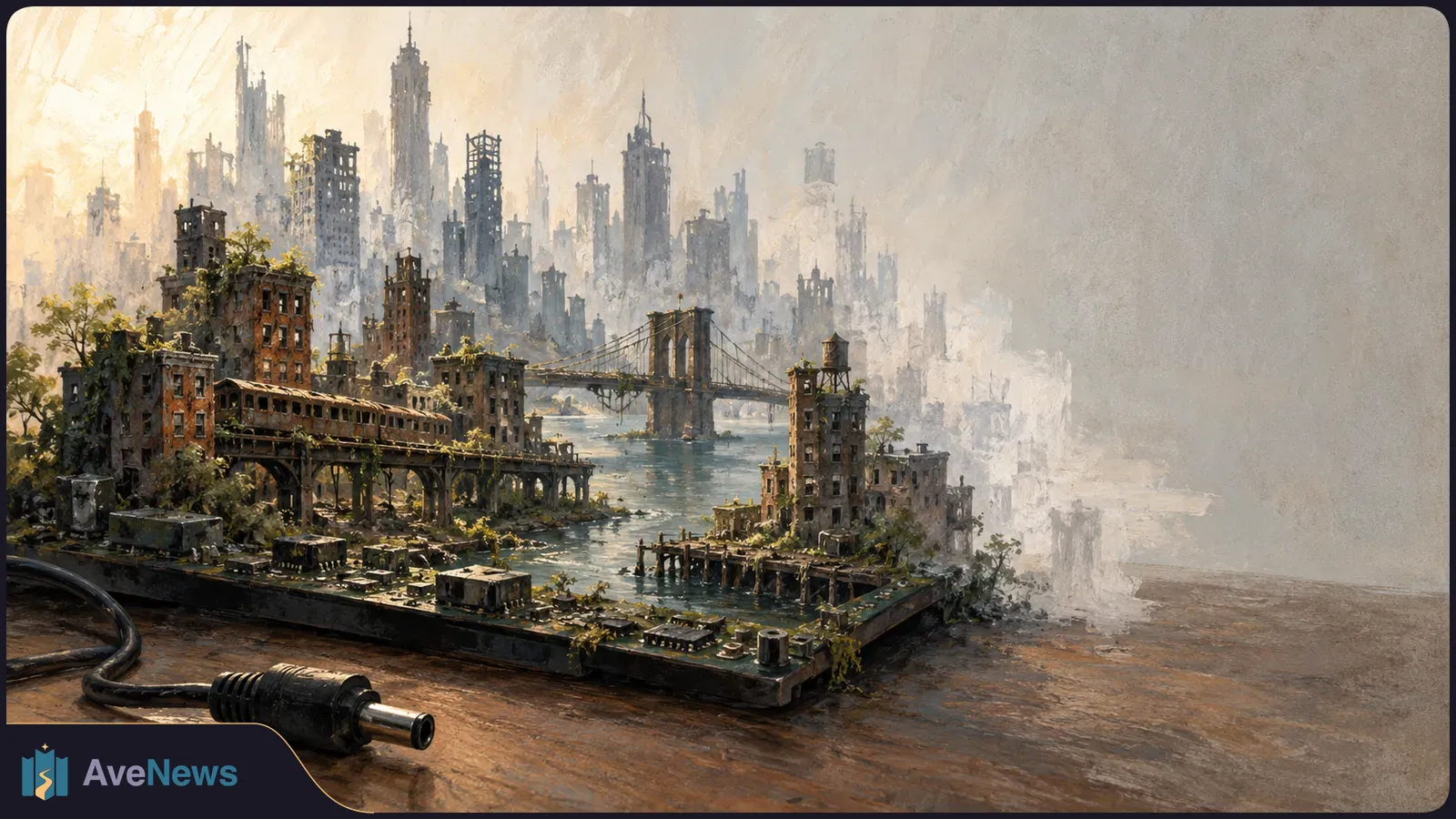 An unplugged power connector lies beside a circuit board that becomes a miniature ruined city, with an elevated train, bridge and overgrown buildings. SI illustration