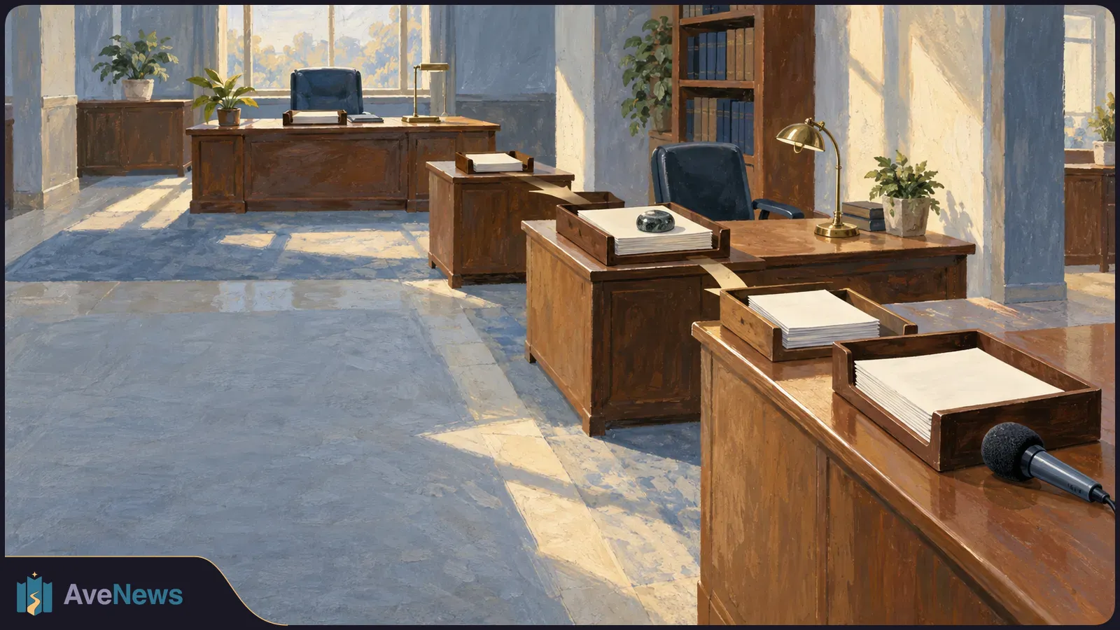 Painted view of an empty, sunlit office with rows of wooden desks, blank paper stacks, chairs, lamps, plants and a microphone in the foreground. SI illustration