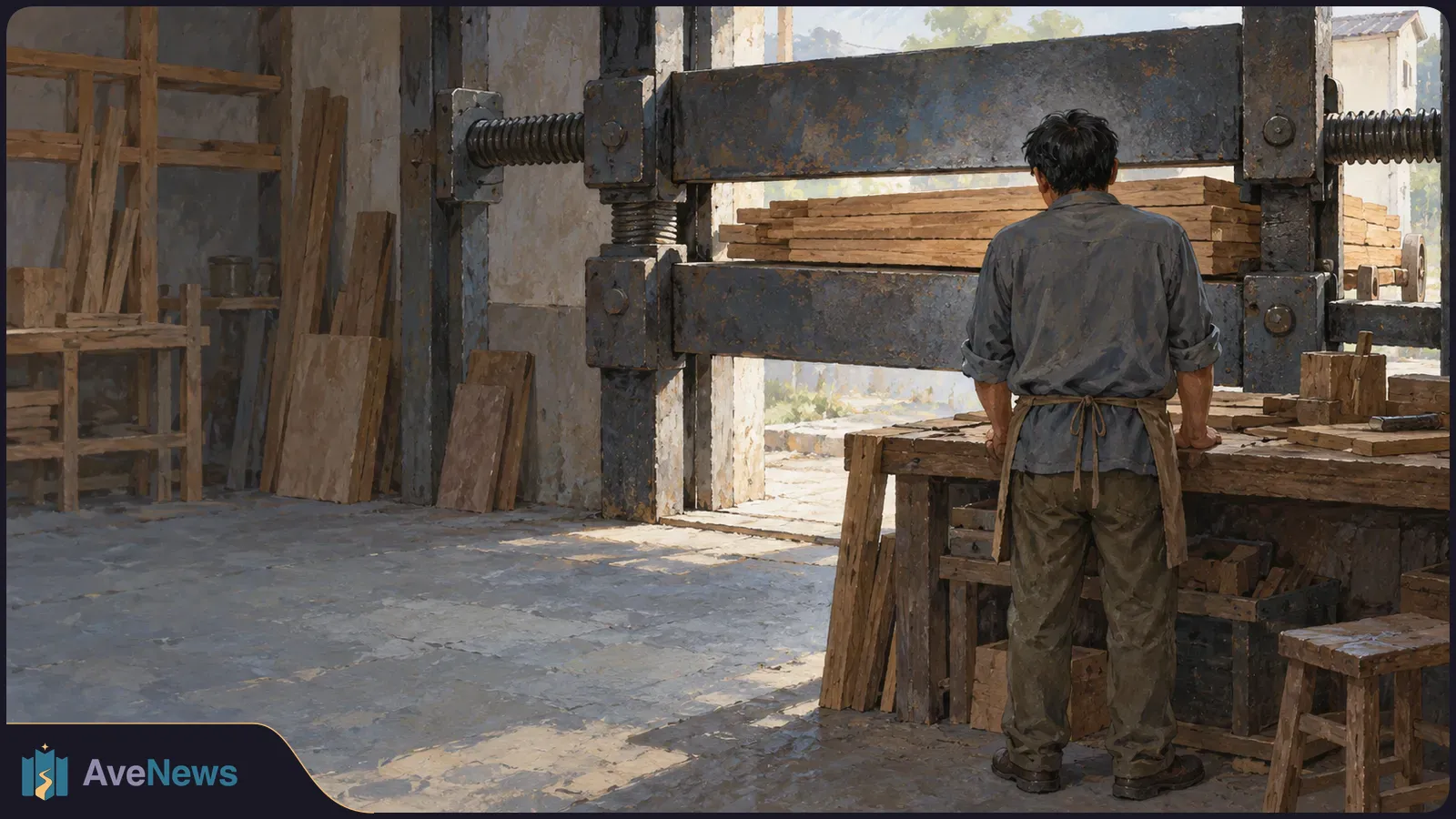 Illustration of a man seen from behind at a wooden workbench beneath a large metal press, with stacked planks and timber around the workshop. SI illustration
