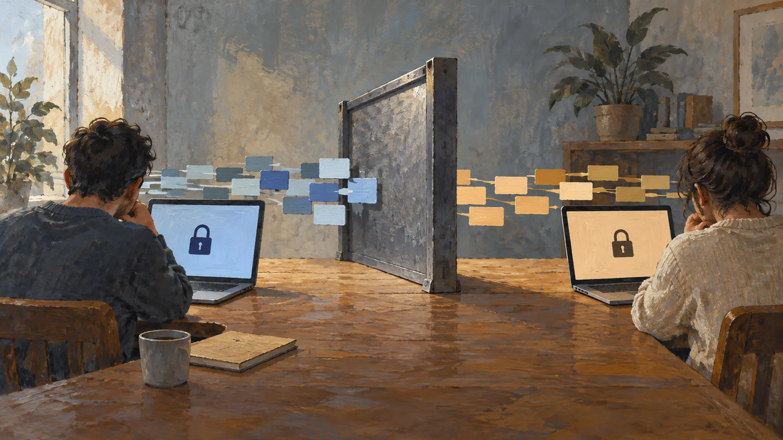 Two people sit at laptops on opposite sides of a tabletop partition. Each screen shows a closed padlock, with blue and gold rectangles extending toward the divider. SI illustration