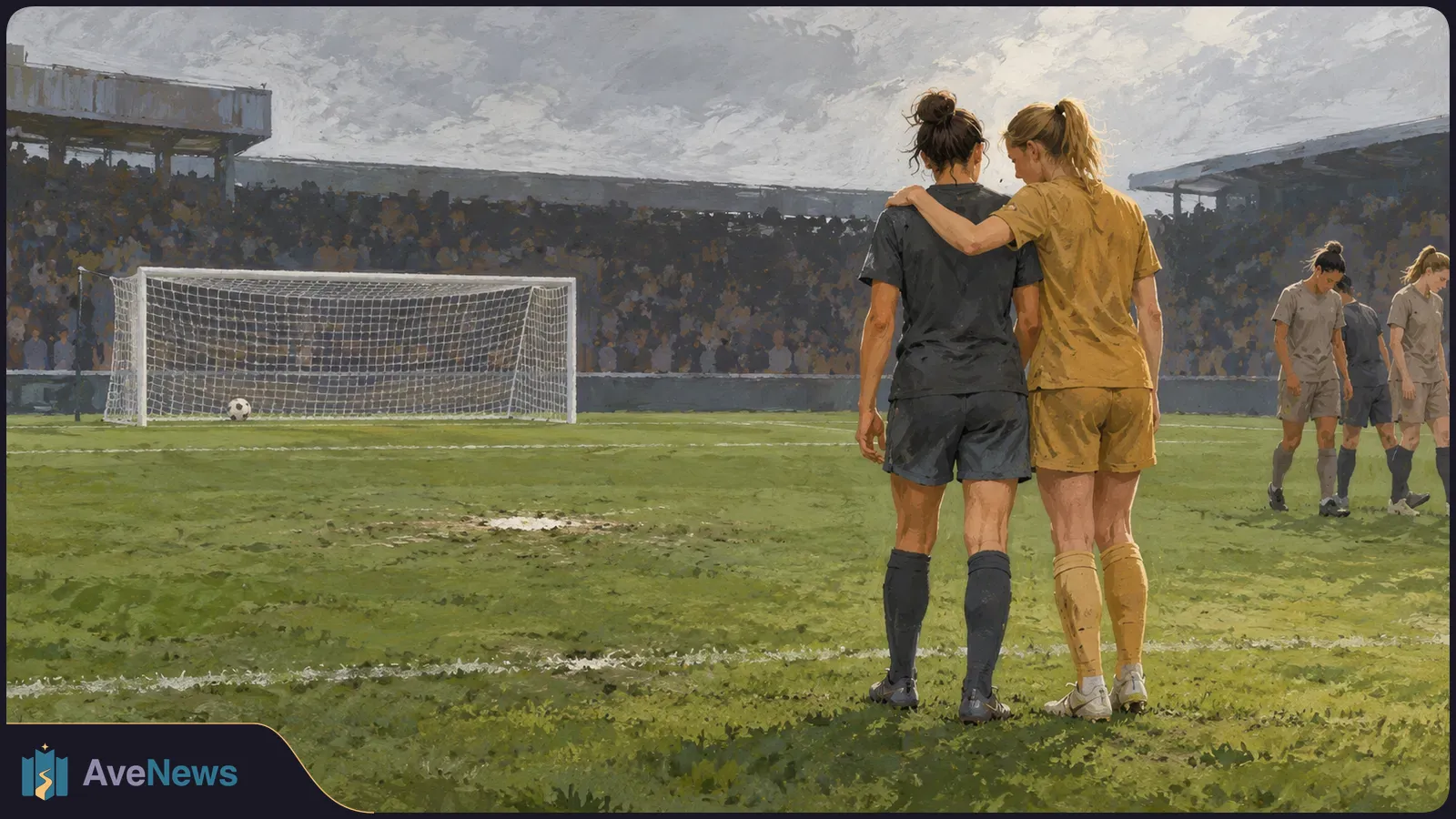 Painterly illustration of two women footballers walking arm in arm across a pitch toward a goal, with a ball by the net and other players in the background. SI illustration