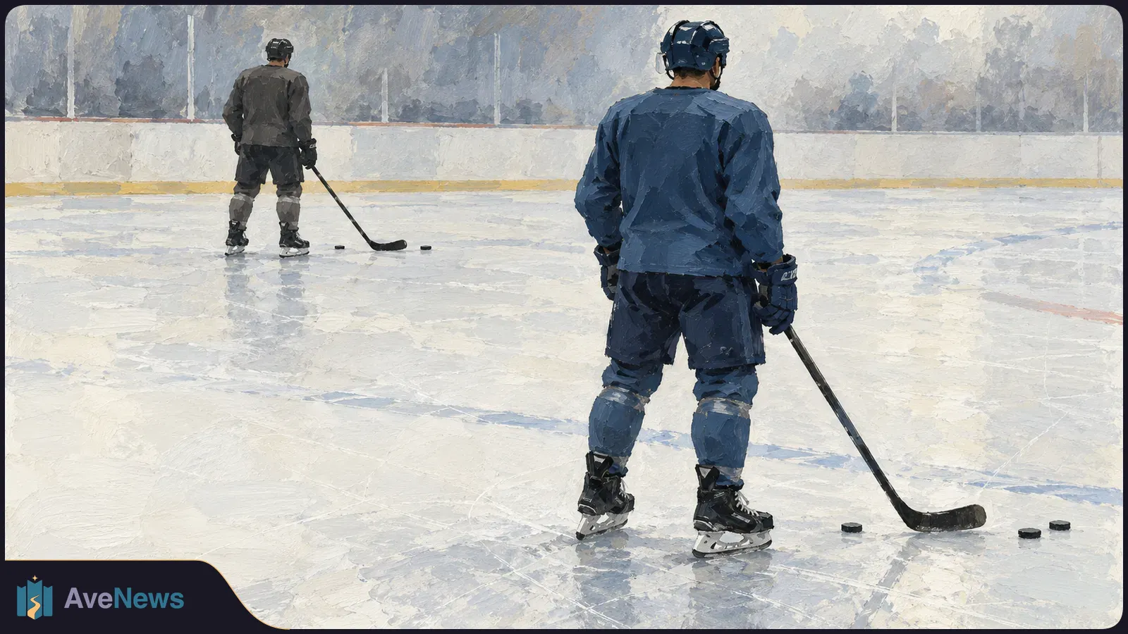 Painted ice rink with two hockey players seen from behind, holding sticks, and several pucks on the ice. SI illustration