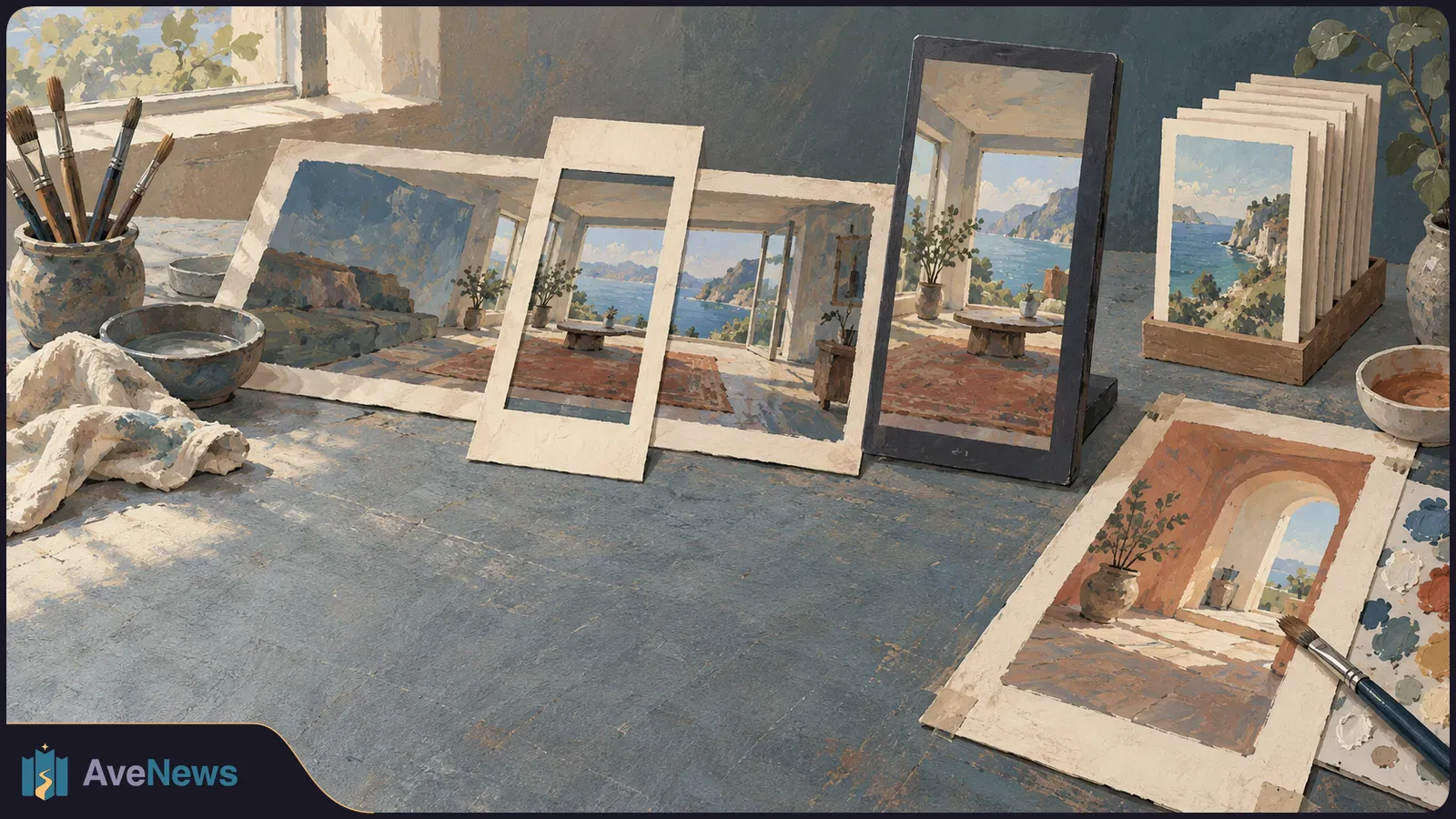 A painterly studio table holds brushes, paint and images of a seaside room and coast in wide and tall formats. A dark upright frame stands among them. SI illustration