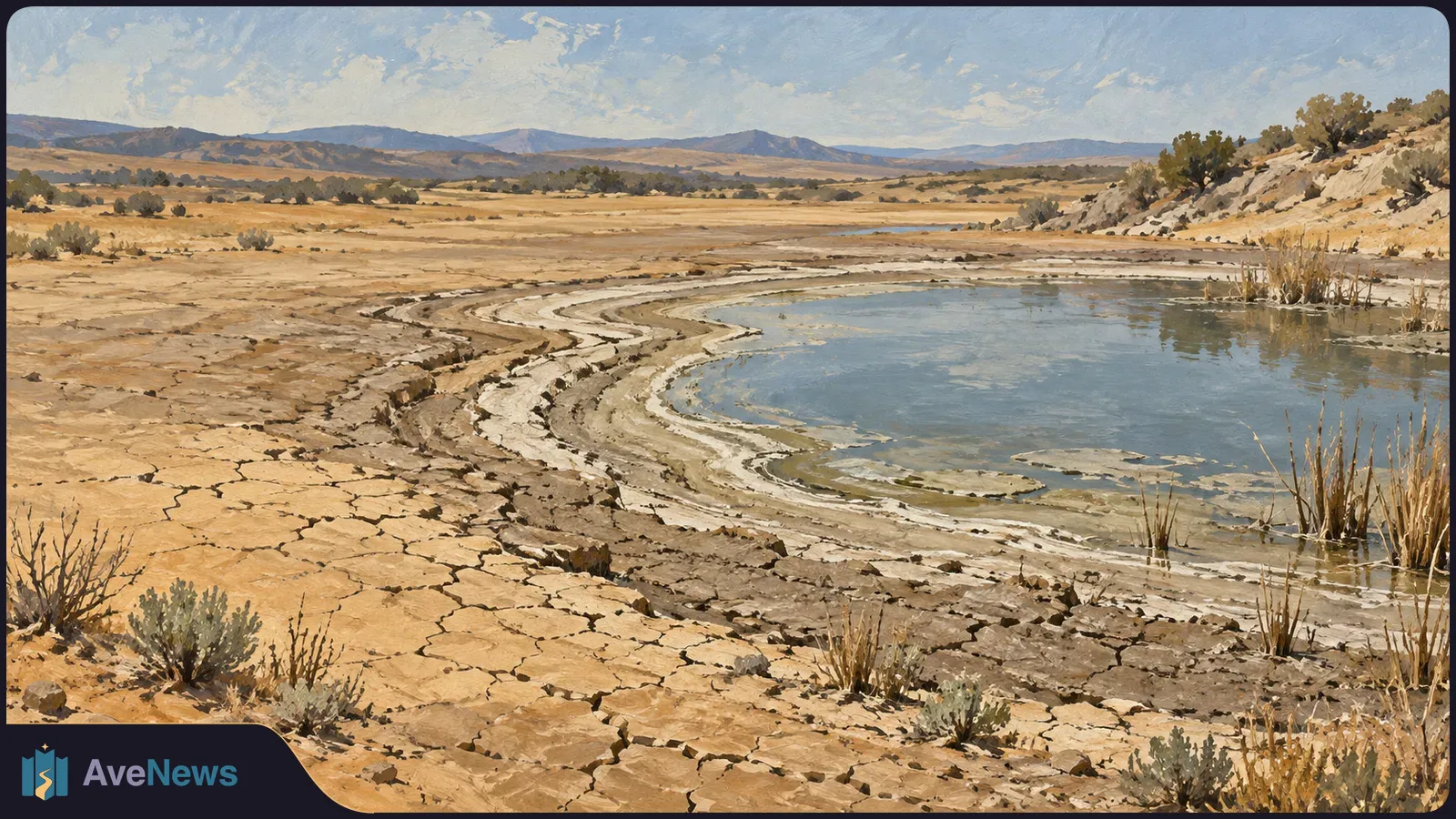 Painted arid landscape with cracked earth curving around a shallow pool, sparse shrubs, and distant mountains beneath a blue sky. SI illustration