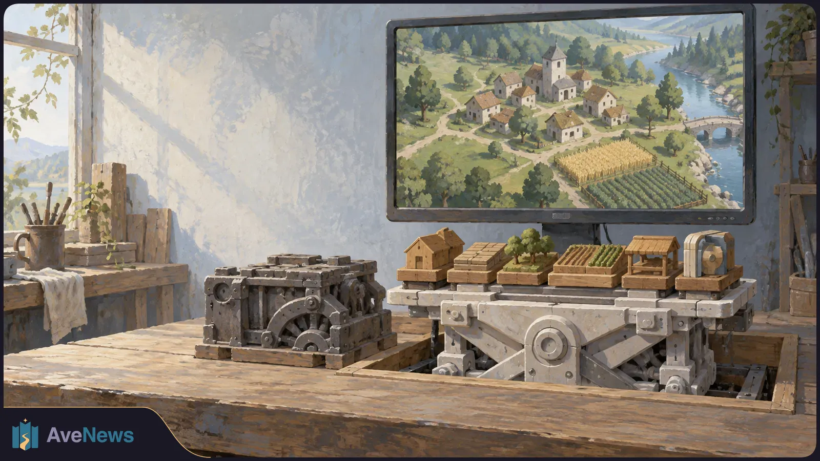 A painted workshop scene shows a monitor with a riverside village above miniature buildings and fields on large mechanical platforms atop a wooden workbench. SI illustration
