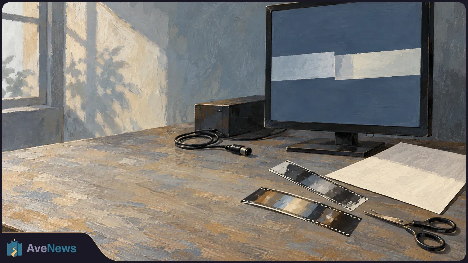 Painted editing desk with a monitor showing a pale horizontal band, two film strips, scissors, a cable and a blank sheet beside a sunlit window. SI illustration