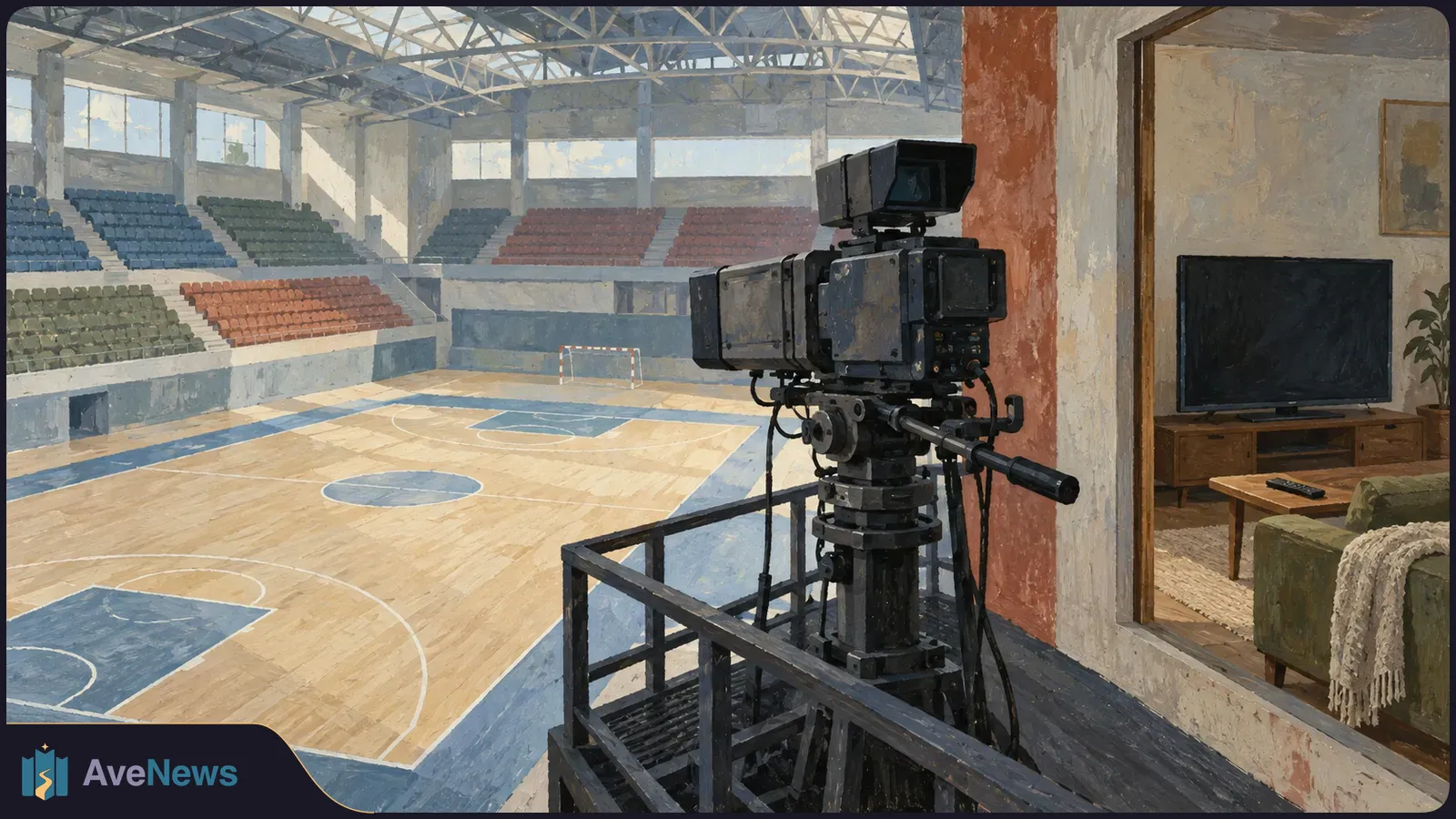 A painted sports arena with an empty court and a large broadcast camera in the foreground; through an opening, a living room has a blank television. SI illustration