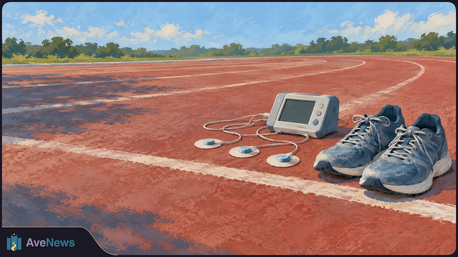 Illustration of two blue running shoes beside a small monitor and wired circular pads on a red running track, with trees and a blue sky in the background. SI illustration