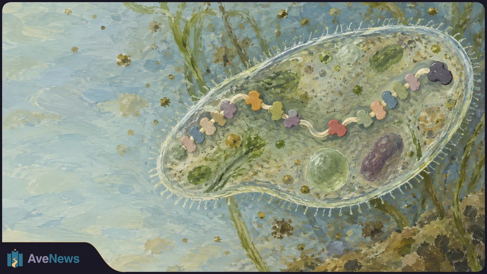 Painted pond scene with a large translucent, oval microbe among aquatic plants. A winding chain of colorful clover-shaped pieces runs through it. SI illustration