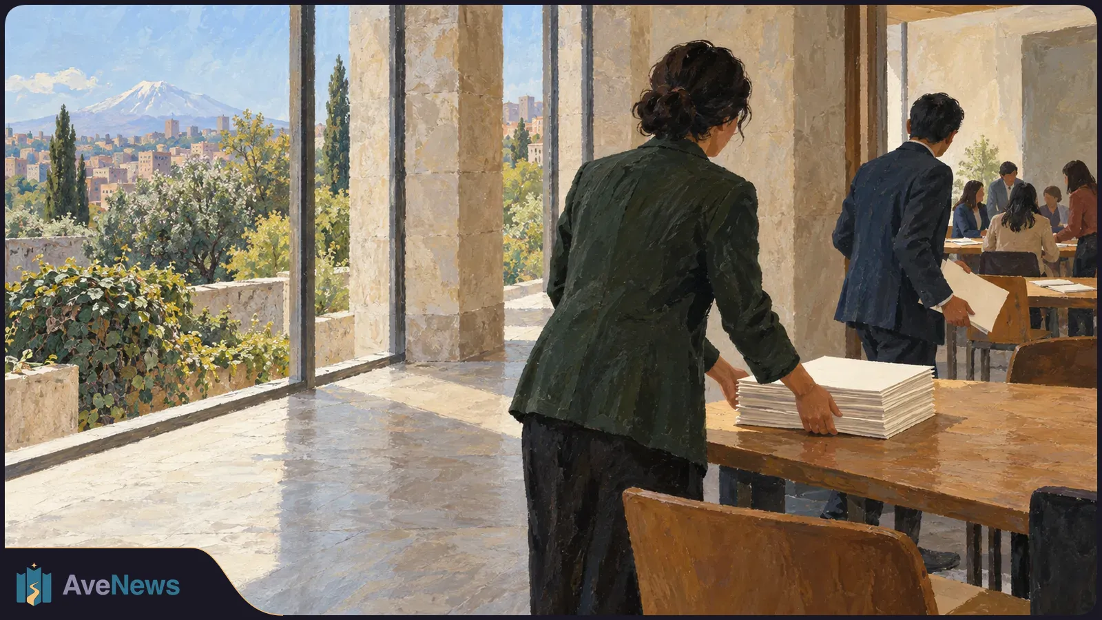 Painterly illustration of people working around tables with stacks of papers in a sunlit room; large windows overlook a city and a snow-capped mountain. SI illustration