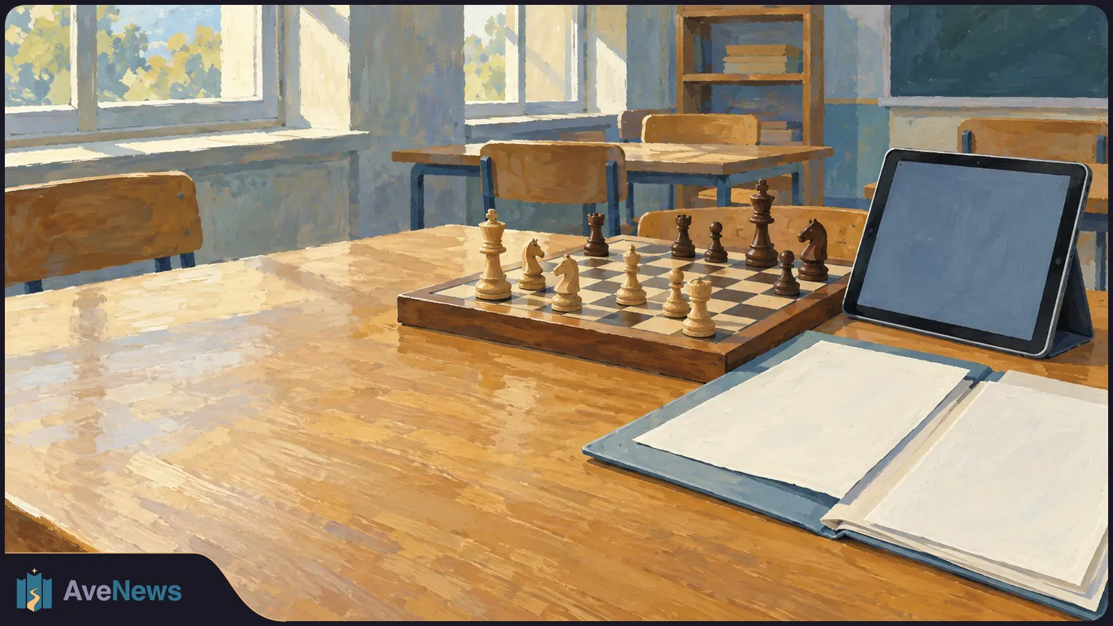 A chessboard with pieces, a blank-screen tablet and an open blank notebook sit on a desk in a sunlit classroom. SI illustration