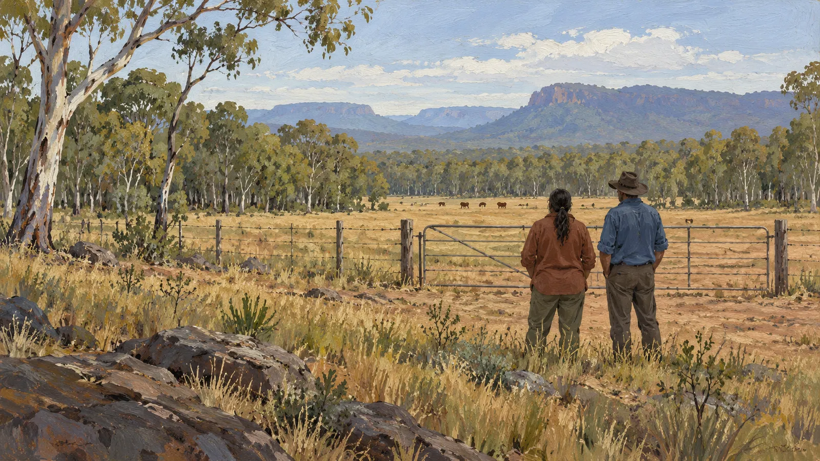Painting of two people standing by a metal gate, looking across a dry pasture with cattle, trees and distant flat-topped mountains. SI illustration
