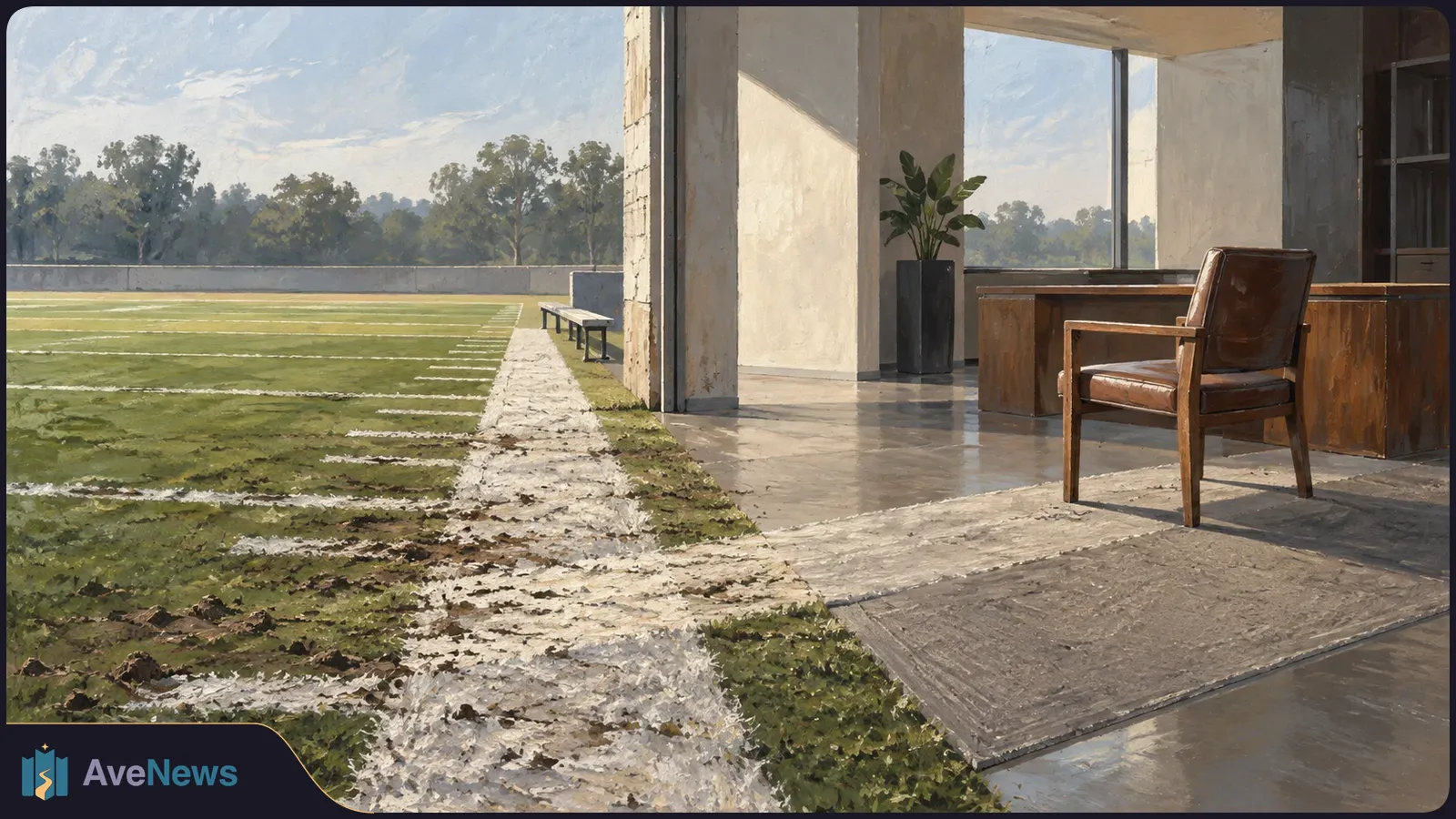 Painterly view of a lined grass field beside an open room with a wooden desk, an empty brown chair and a potted plant. SI illustration