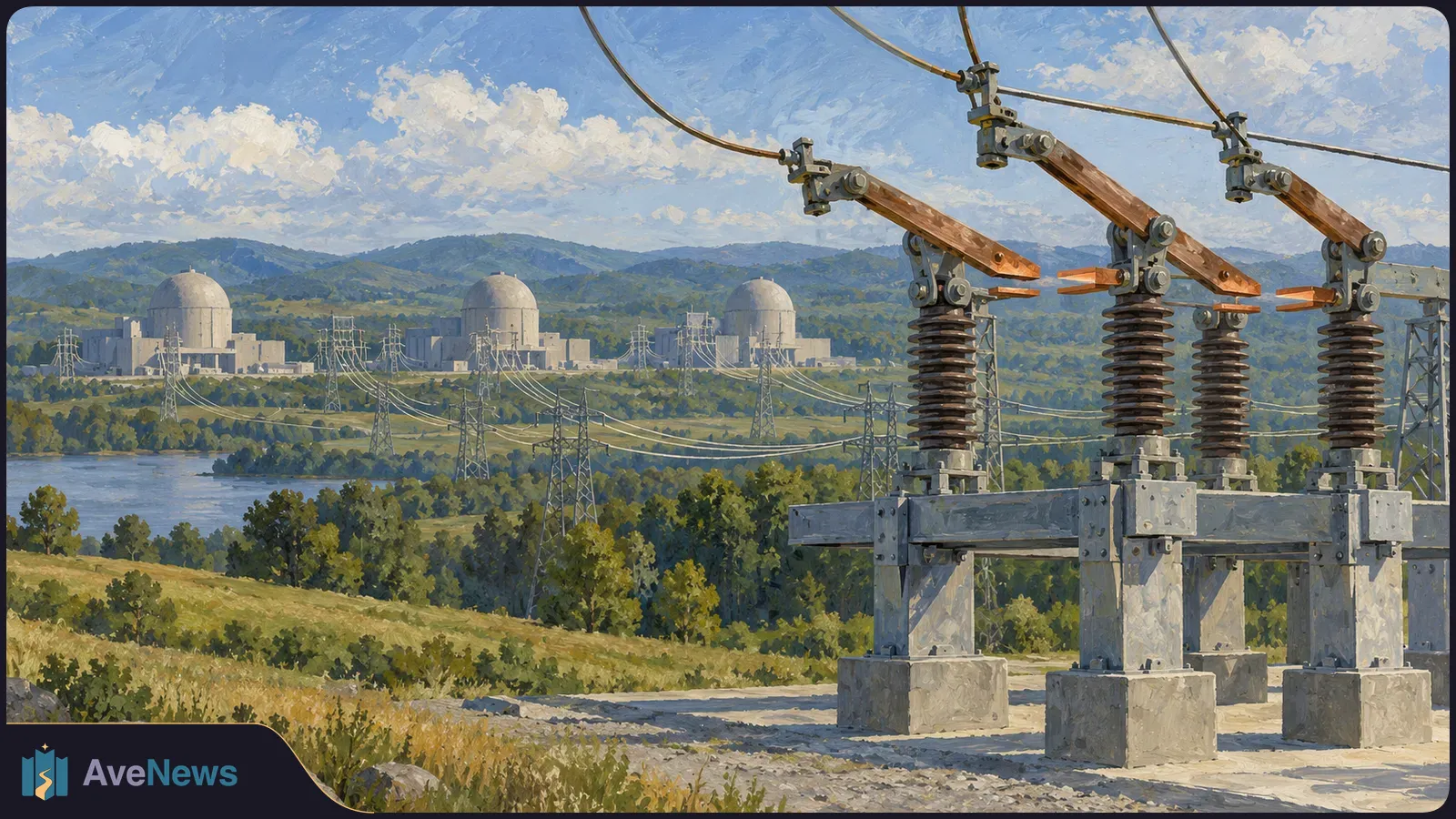 Painterly landscape with three domed industrial buildings across a river, power lines and towers, and large electrical switches in the foreground. SI illustration