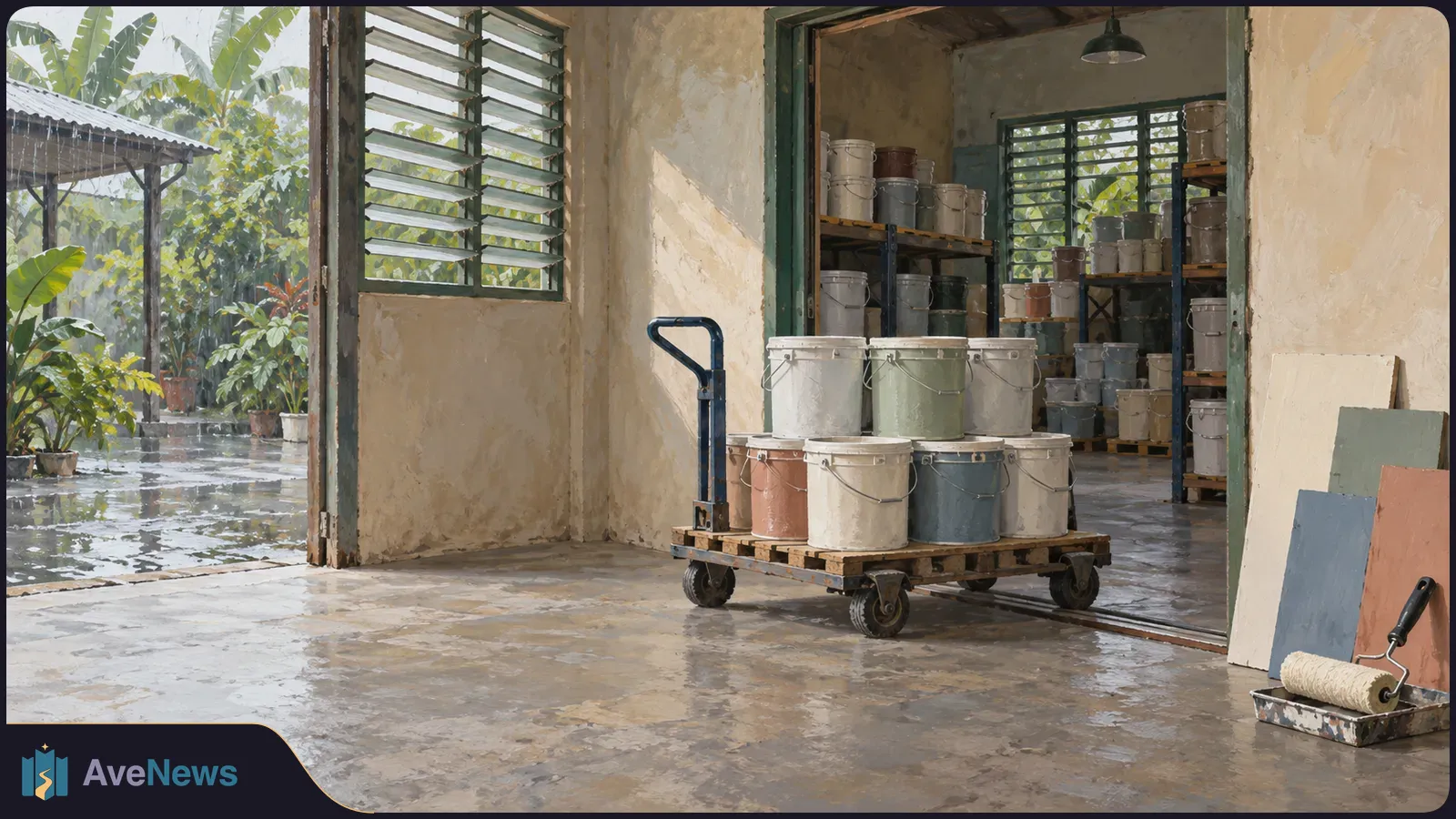 Paint buckets on a trolley outside a storeroom lined with more buckets; colour sample boards and a paint roller lean nearby. SI illustration