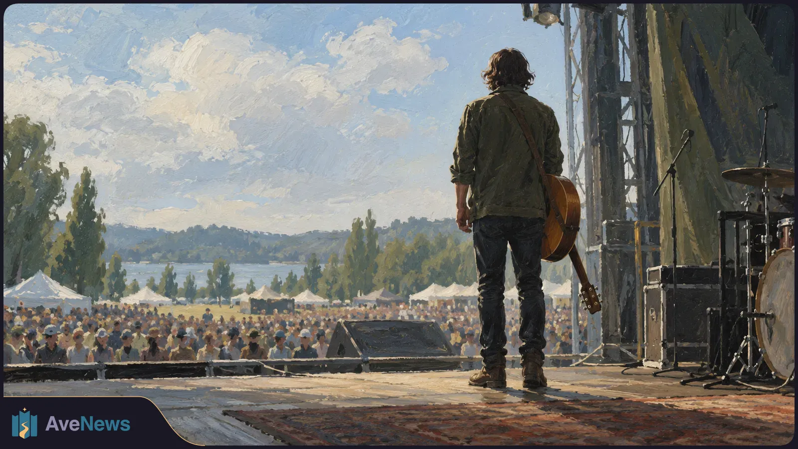 Painterly view from a stage: a guitarist seen from behind faces a large outdoor crowd, with drums, microphones, trees and a cloudy sky. SI illustration