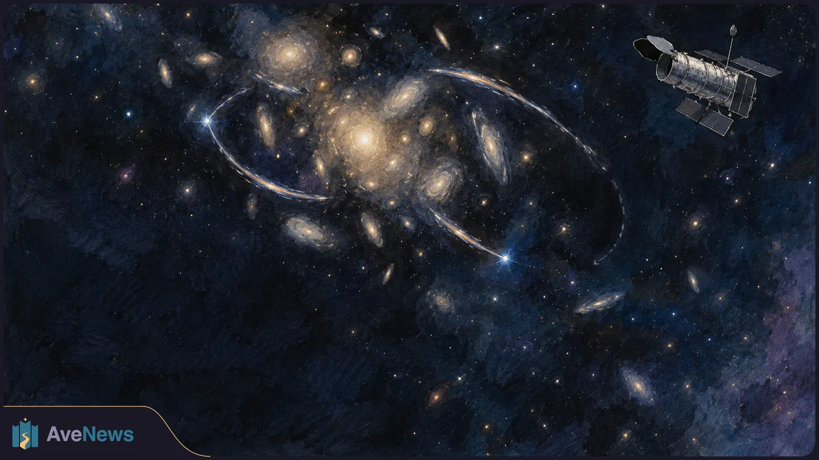 A painted space telescope floats above a dense cluster of galaxies, with bright curved light trails sweeping around the cluster against a dark star field. SI illustration