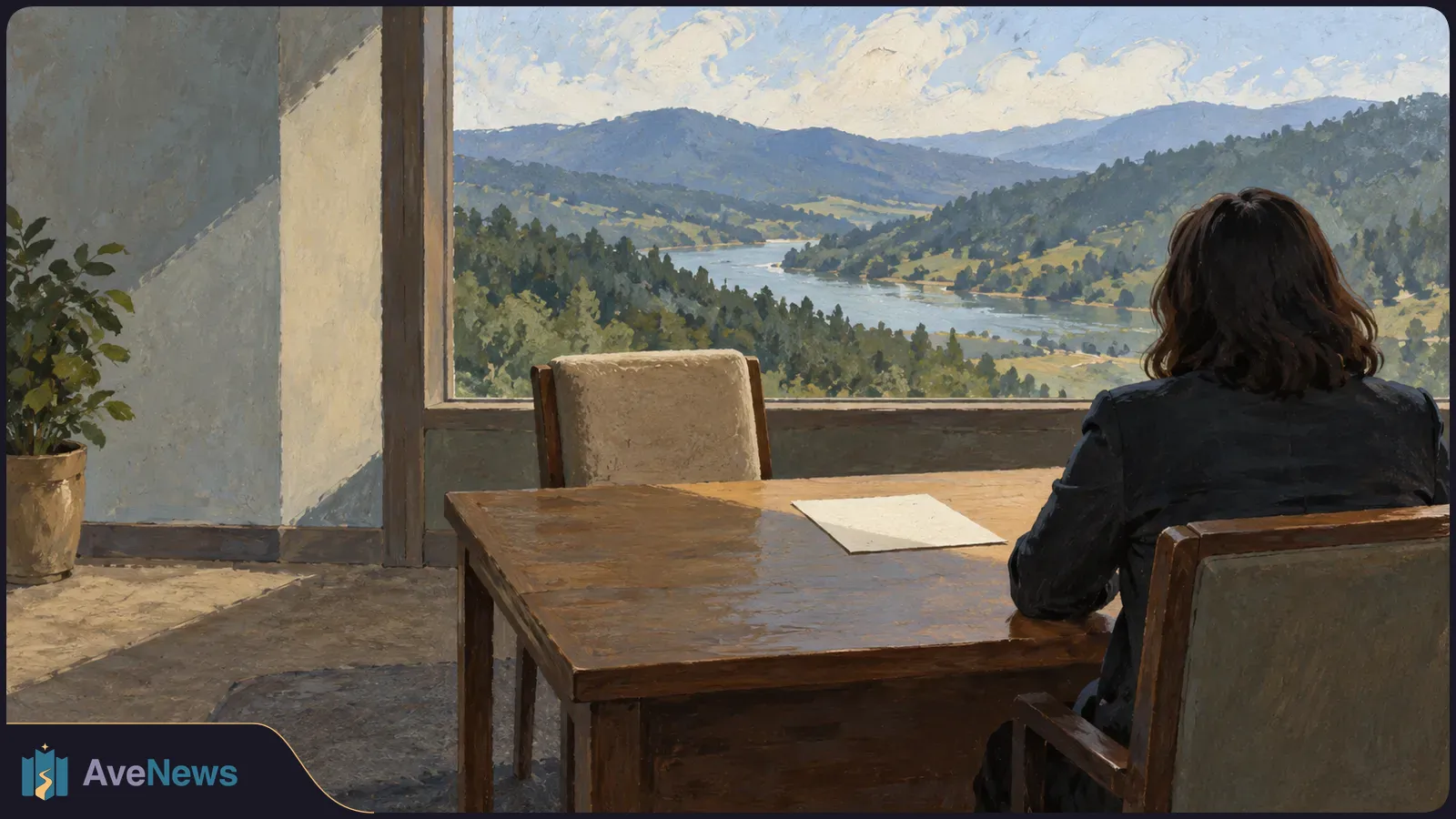 Painted scene of a dark-haired person seated at a wooden desk with a blank sheet of paper, facing a window overlooking a river, wooded hills and mountains. SI illustration