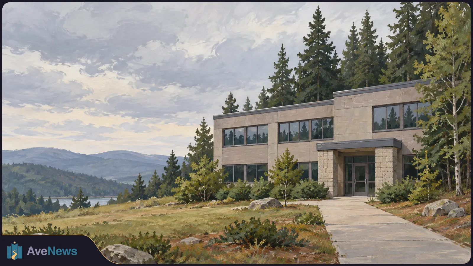 Painted two-story building beside a forest, with a path to its entrance and a lake and mountains in the distance beneath a cloudy sky. SI illustration