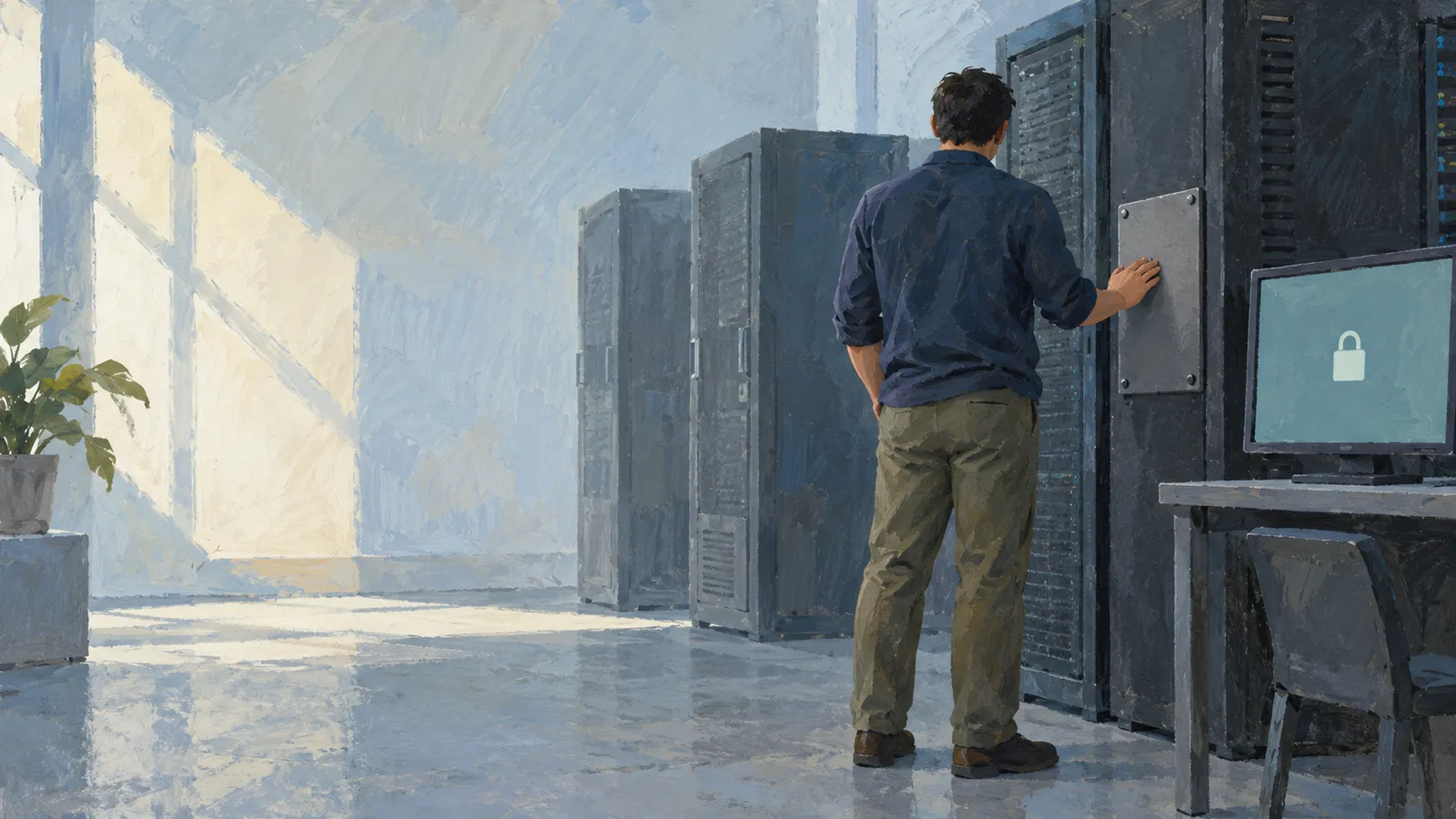 A man stands with his back to the viewer, touching a server cabinet in a sunlit room. A nearby monitor displays a closed padlock. SI illustration