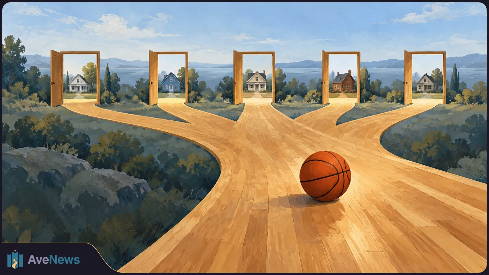 A basketball rests on a wooden path that branches toward five open doors, each framing a house, with trees, mountains and a blue sky beyond. SI illustration